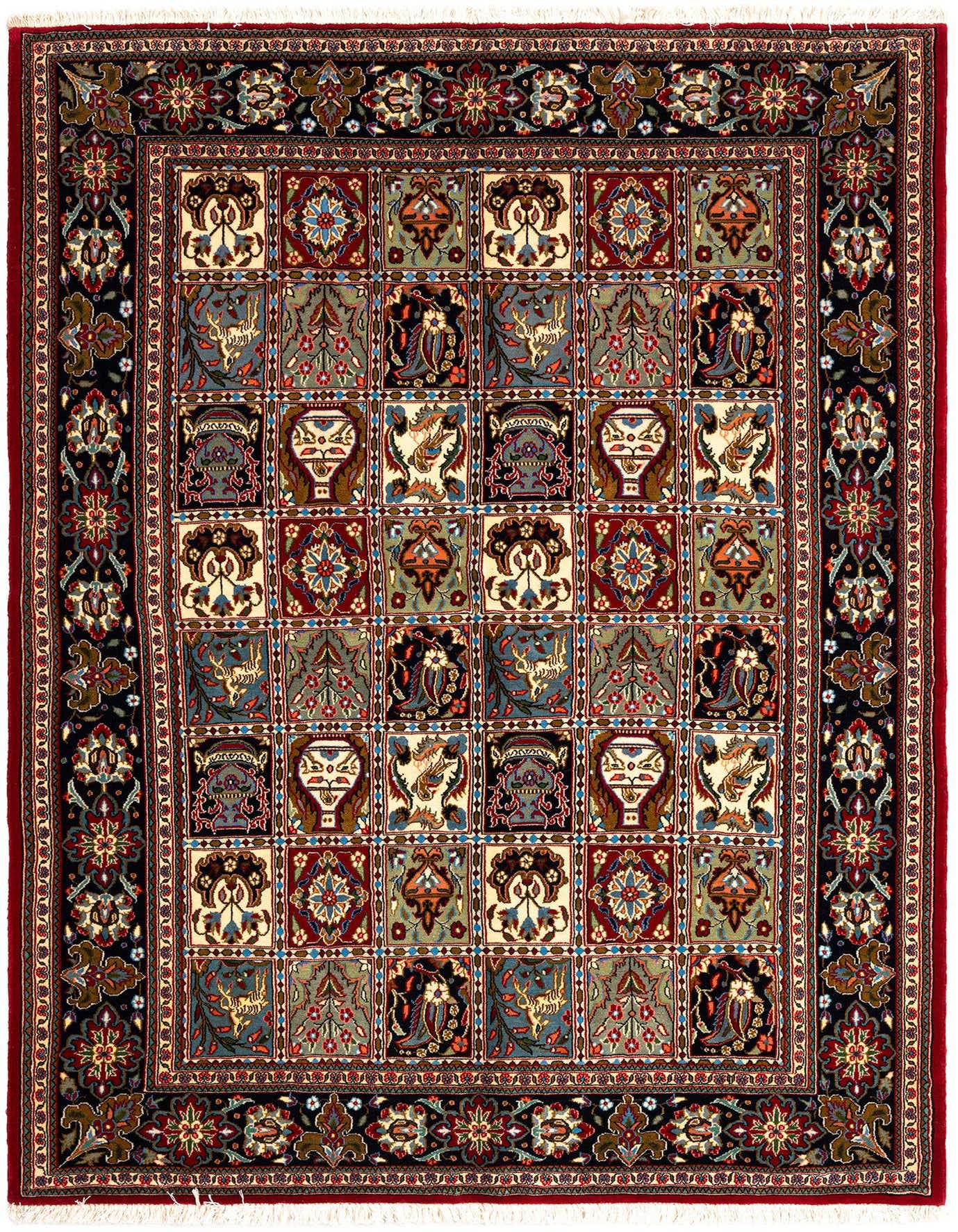 A 4x6 rectangular Qom Persian wool rug featuring a grid of intricate traditional motifs in blues, reds, and creams, with a dark border.