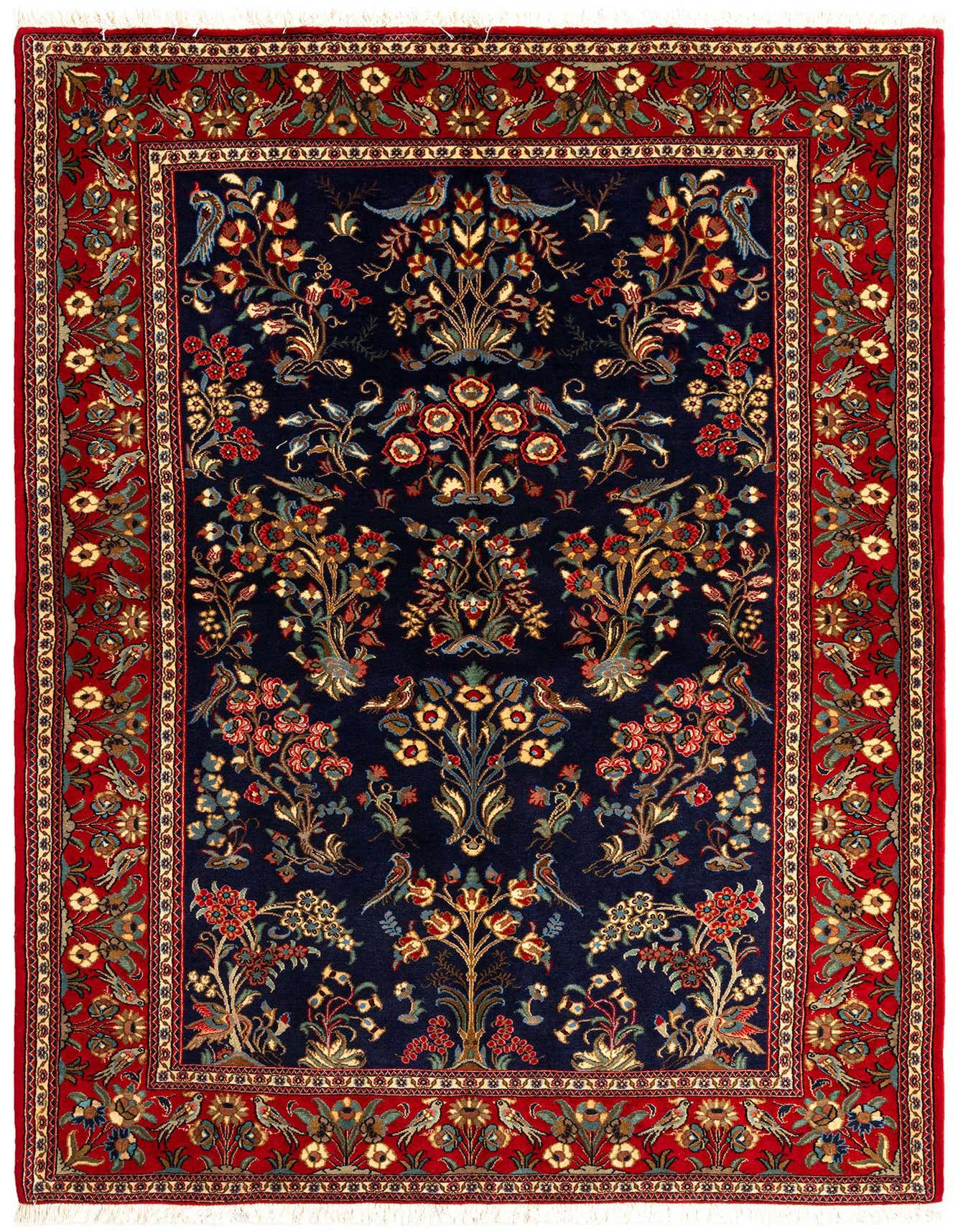 A 5x7 rectangular blue Persian rug with an intricate floral and bird pattern, framed by a rich red border.