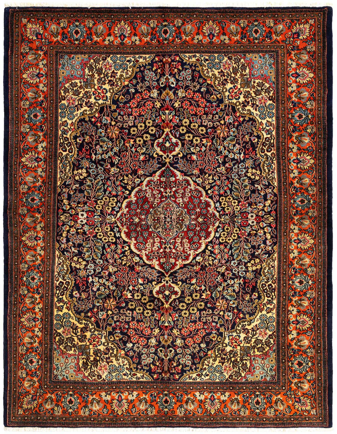 A 5x7 rectangular Persian Qom rug featuring a rich navy blue field with intricate floral motifs and a detailed red-orange border.