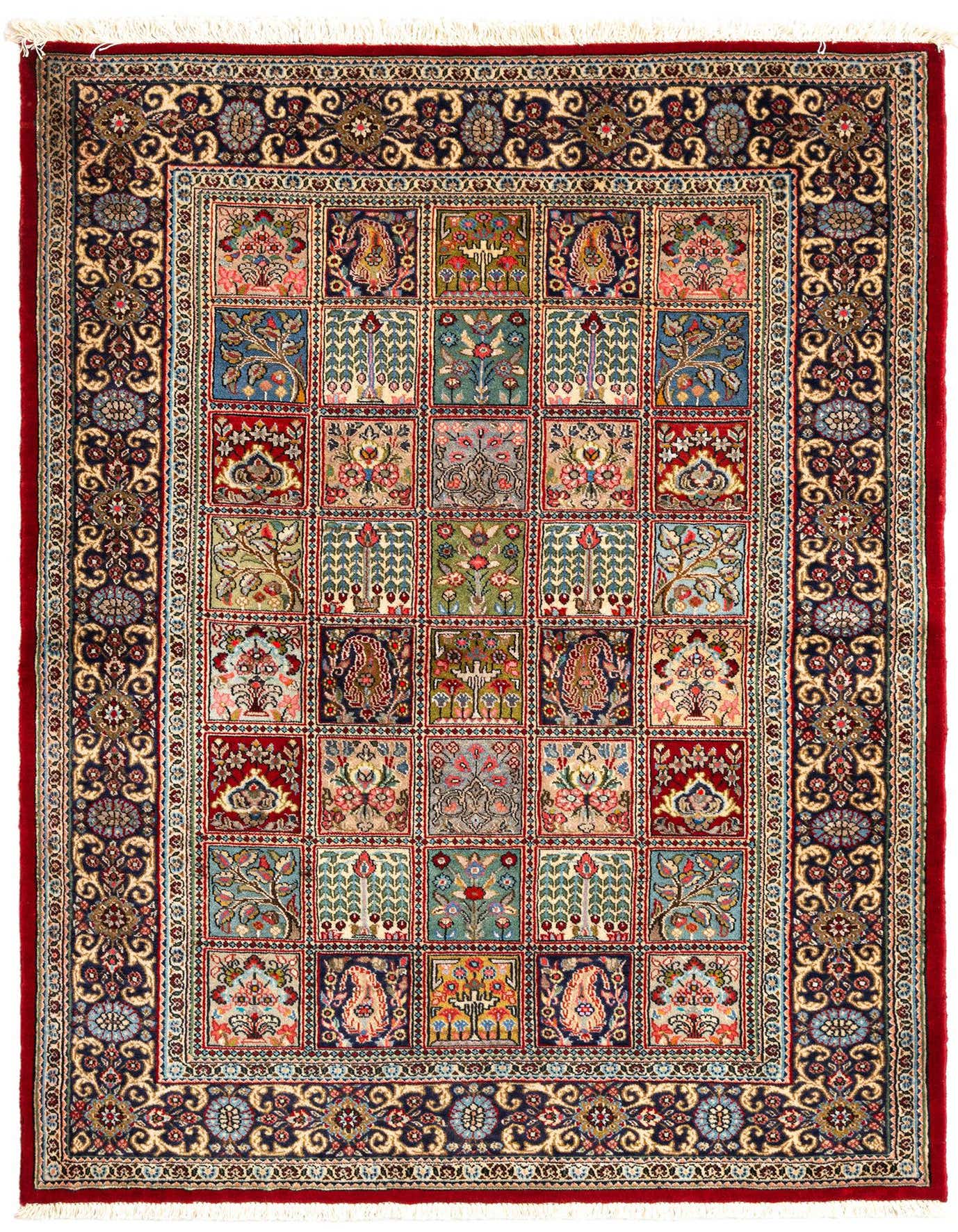 A 3x5 rectangular Persian Qom rug with a grid of colorful floral and tree motifs, framed by an ornate blue and red border.