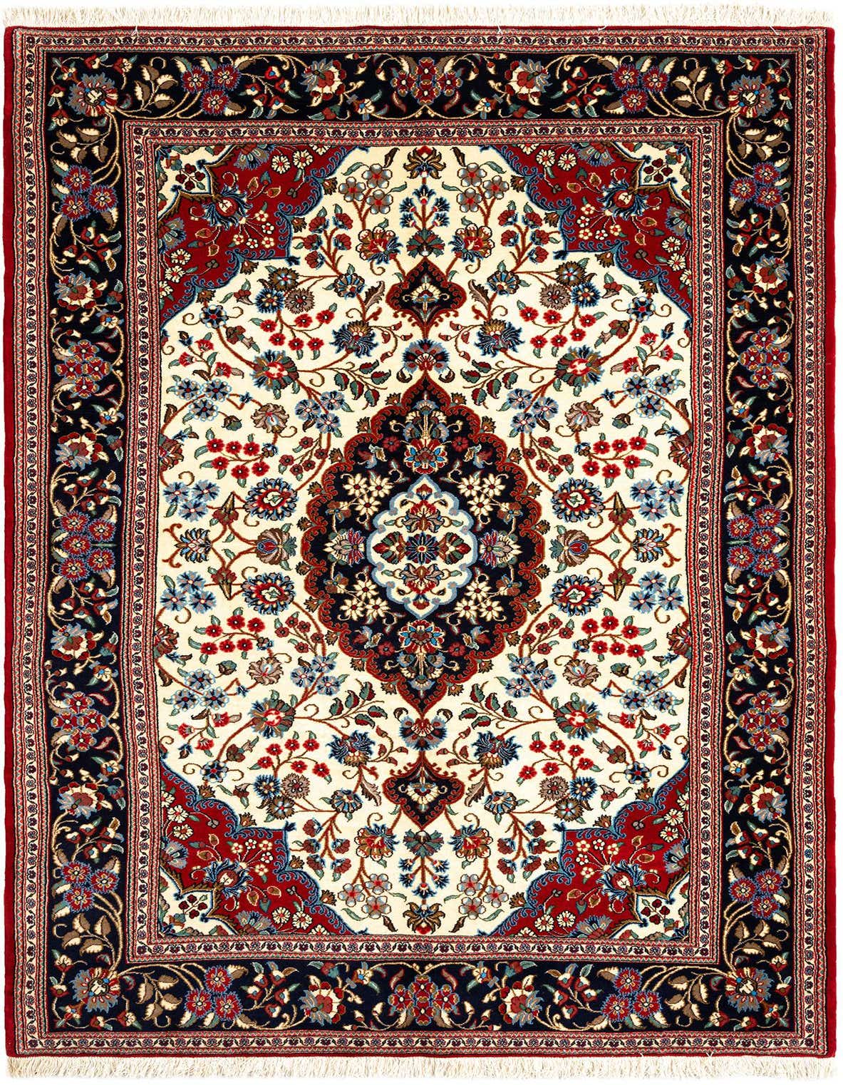 A rectangular 5x8 Rugs.com Qom Persian rug with a cream field, central medallion, and intricate floral patterns in blues, reds, and black.