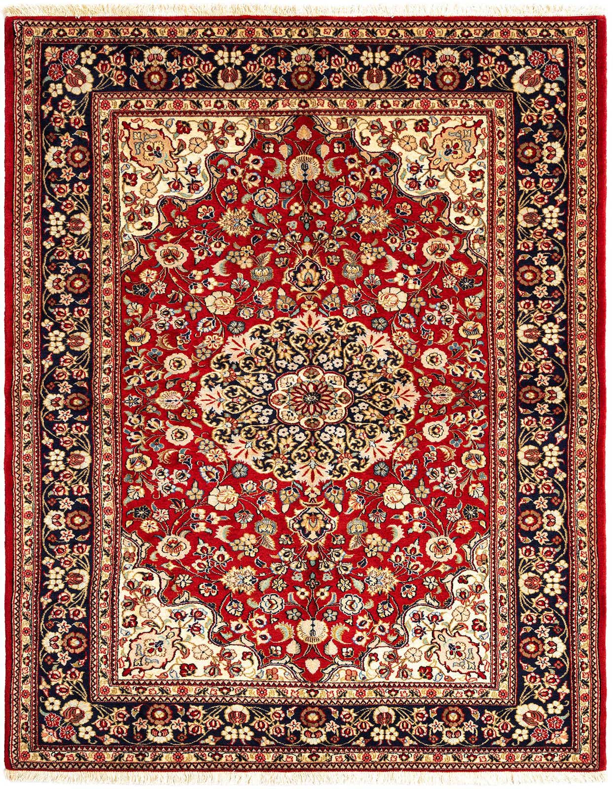 A 5x8 rectangular Persian rug with a rich red field, intricate floral patterns, and a dark blue border with cream accents.
