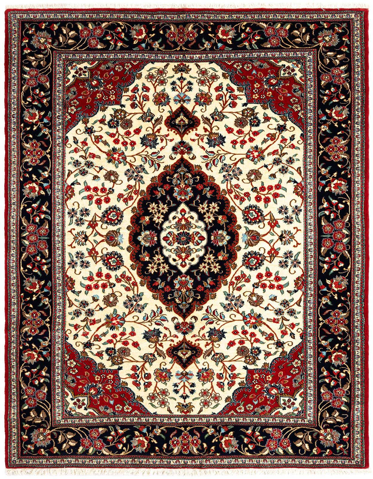 A rectangular 5x8 Persian rug with a cream field, a large central medallion, and an intricate floral pattern in blues, reds, and black, surrounded by a black and red border.