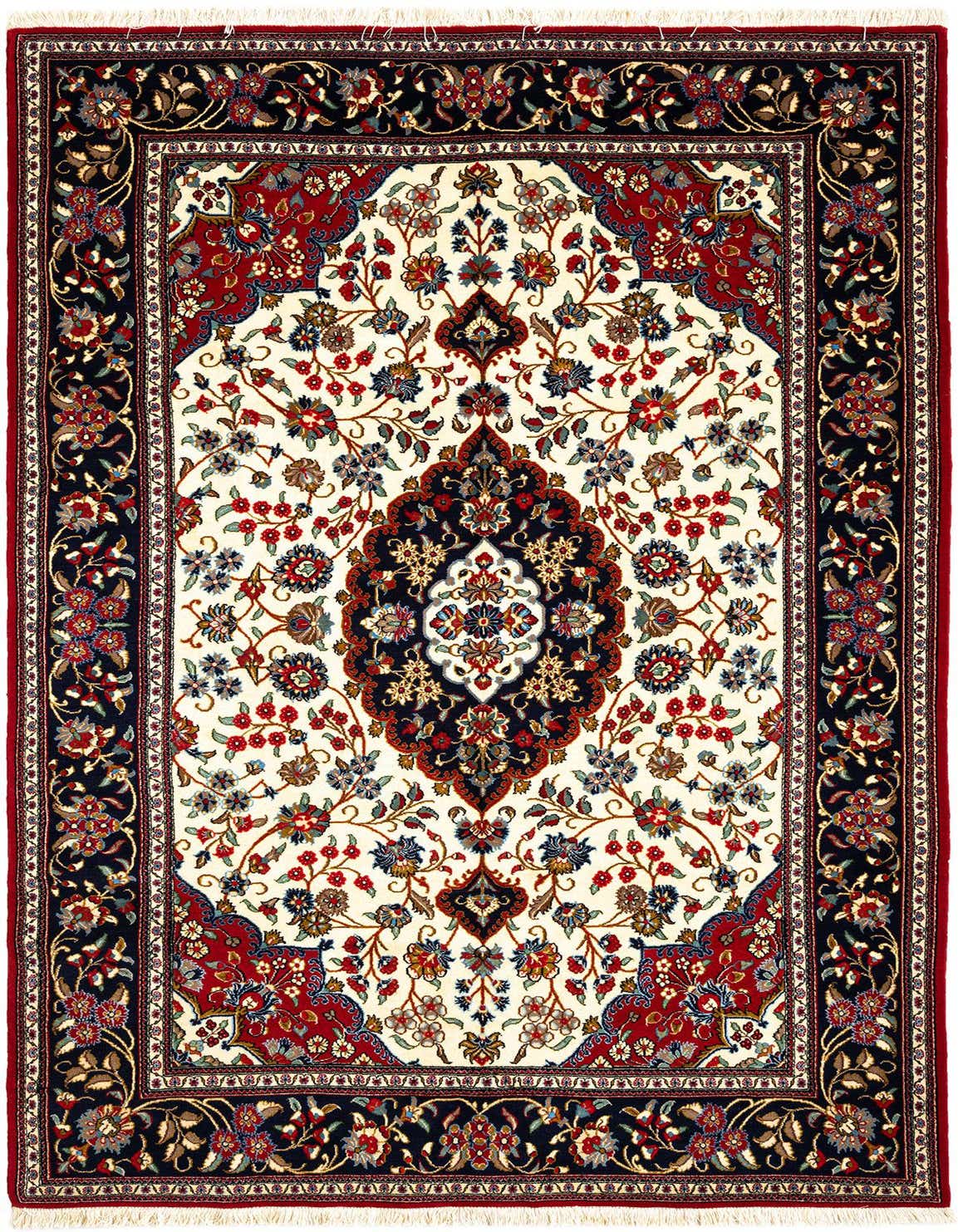 A rectangular 5x8 Persian rug with a cream field, a central navy medallion, and intricate floral patterns in blues and reds, framed by a dark border.