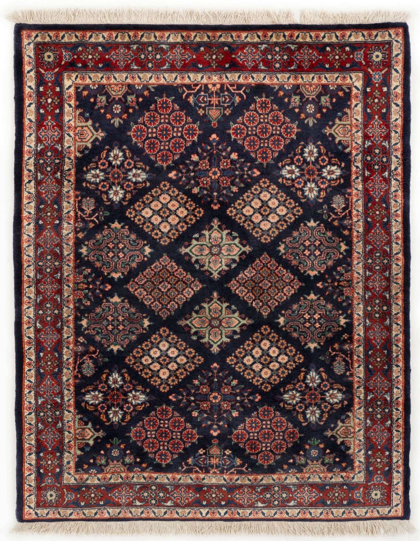 A 3x5 rectangular Sarough Persian rug featuring a navy blue field with intricate floral medallions and a rich red border.