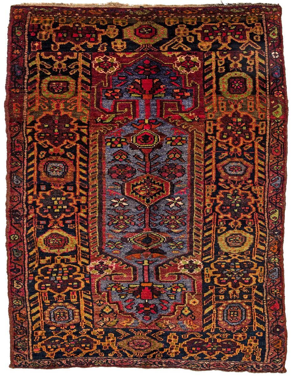 A 4x6 rectangular Saudjboulag rug featuring a complex traditional pattern in blues, reds, and gold tones.