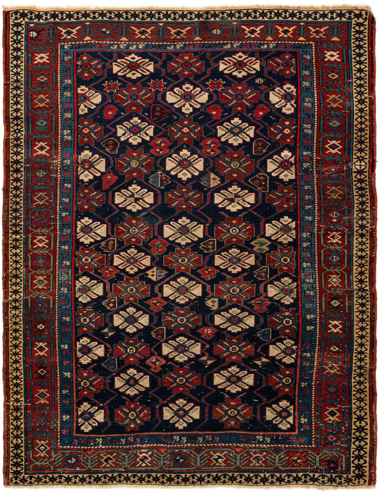 A 4x6 rectangular Shirvan tribal wool rug featuring intricate patterns in deep blues, reds, and creams.