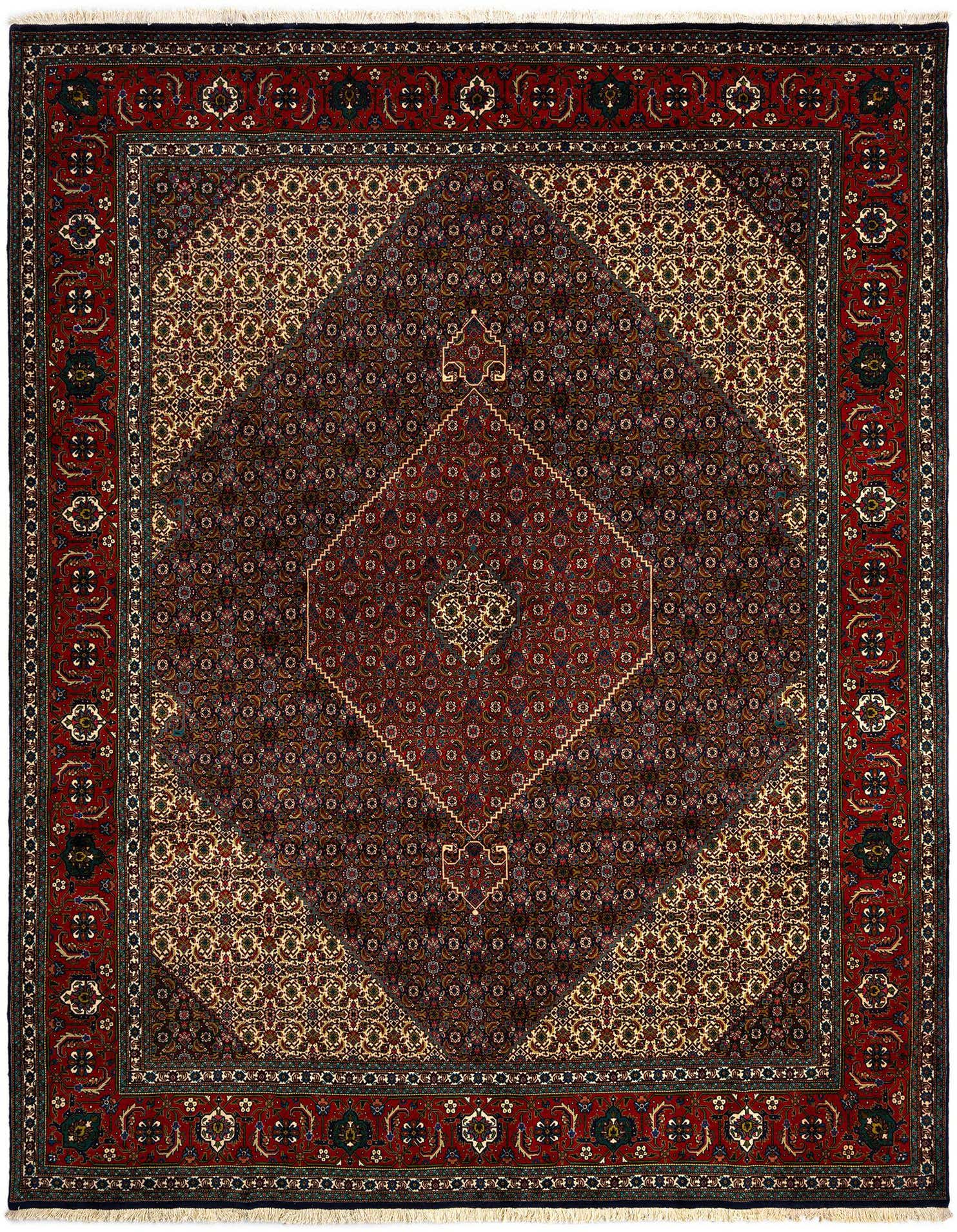 A 10x13 rectangular Tabriz Mahi Persian wool rug featuring a central diamond medallion in deep reds and blues, surrounded by intricate floral patterns and a wide red border, ideal for a living room.