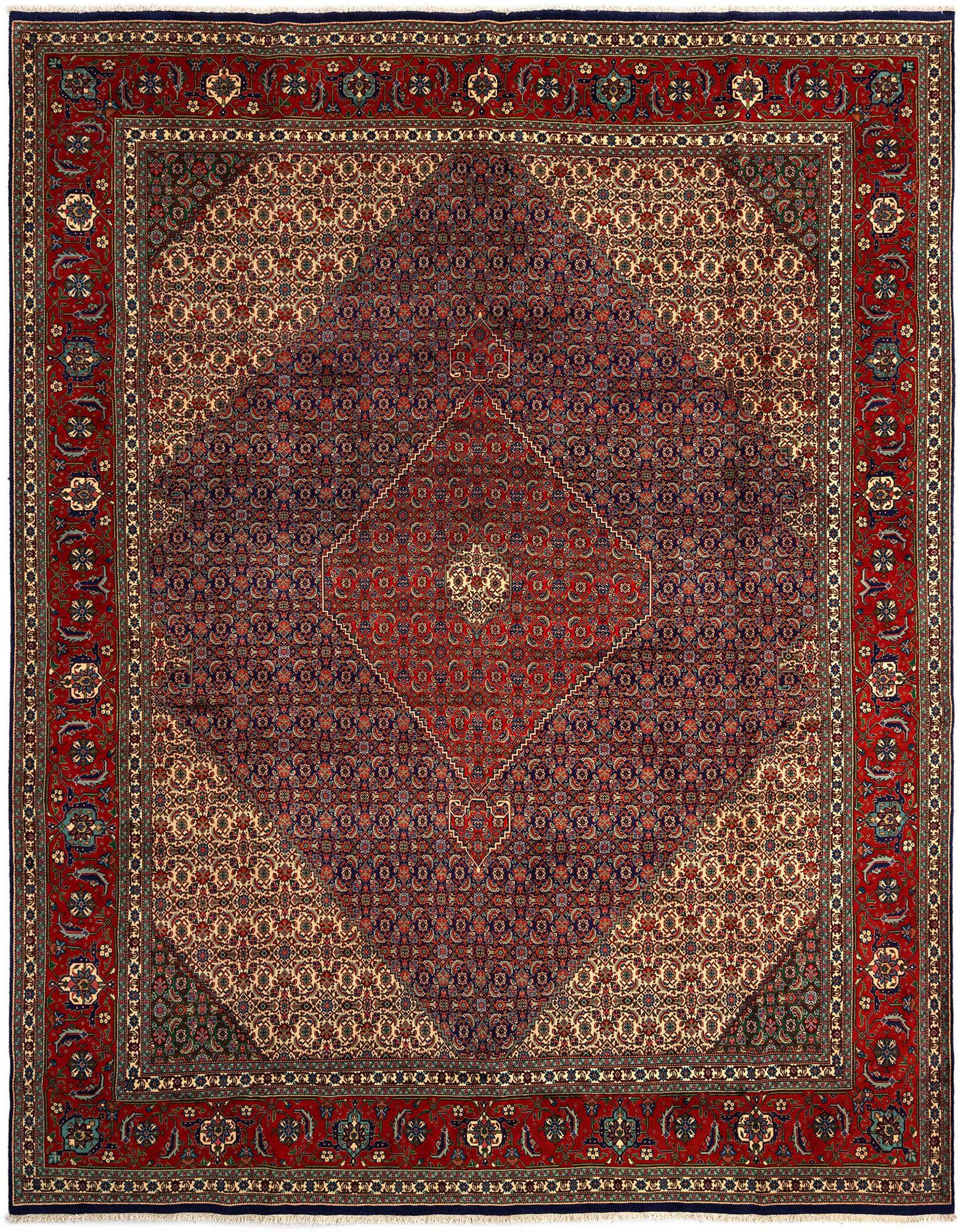 A large 10x12 rectangular Persian Tabriz Mahi rug featuring intricate floral patterns in shades of blue, red, and cream, with a prominent central medallion.