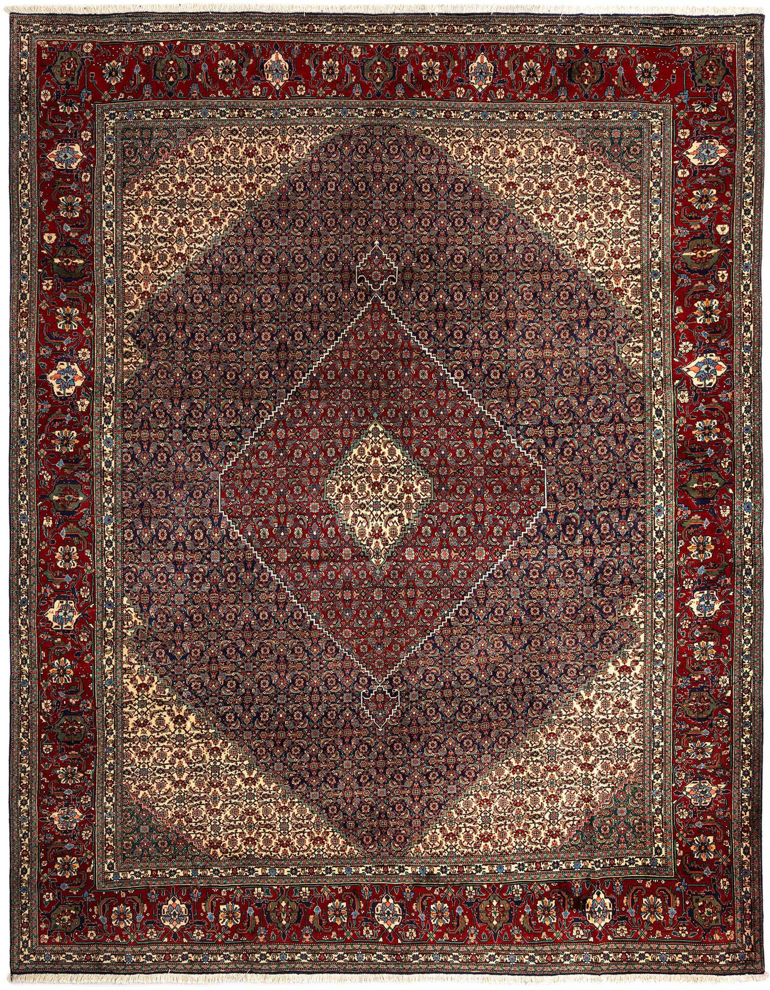 A 10x12 rectangular Persian Tabriz Mahi wool rug in shades of blue and red, featuring an intricate floral medallion pattern.