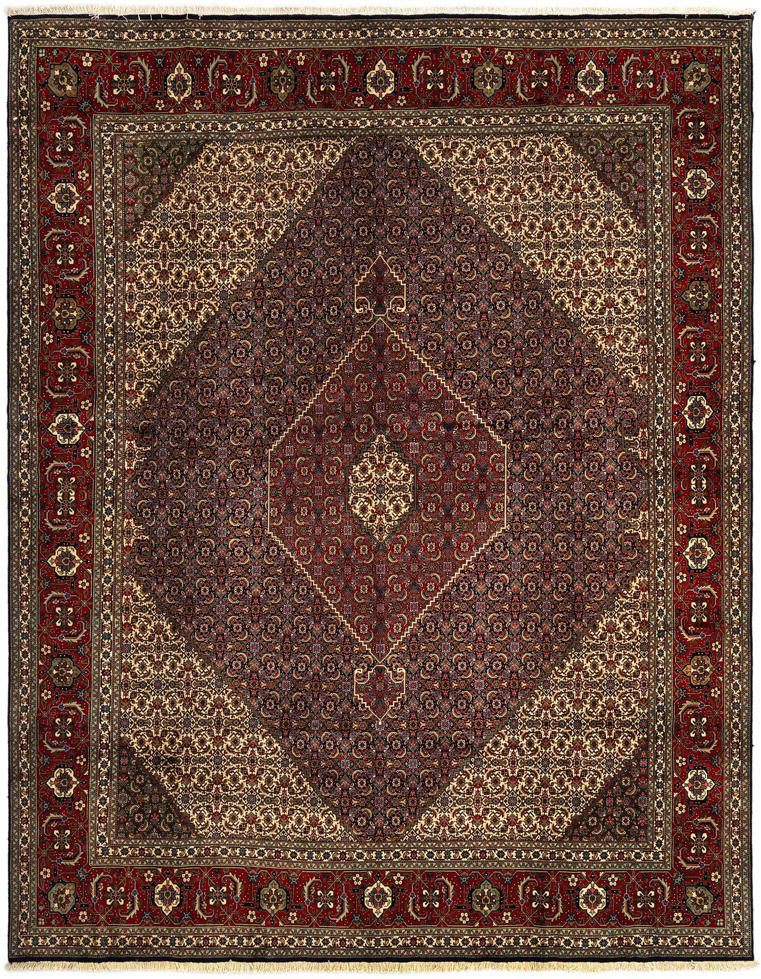 A rectangular 10x13 Persian Tabriz Mahi wool rug in deep blues and reds with intricate floral patterns.