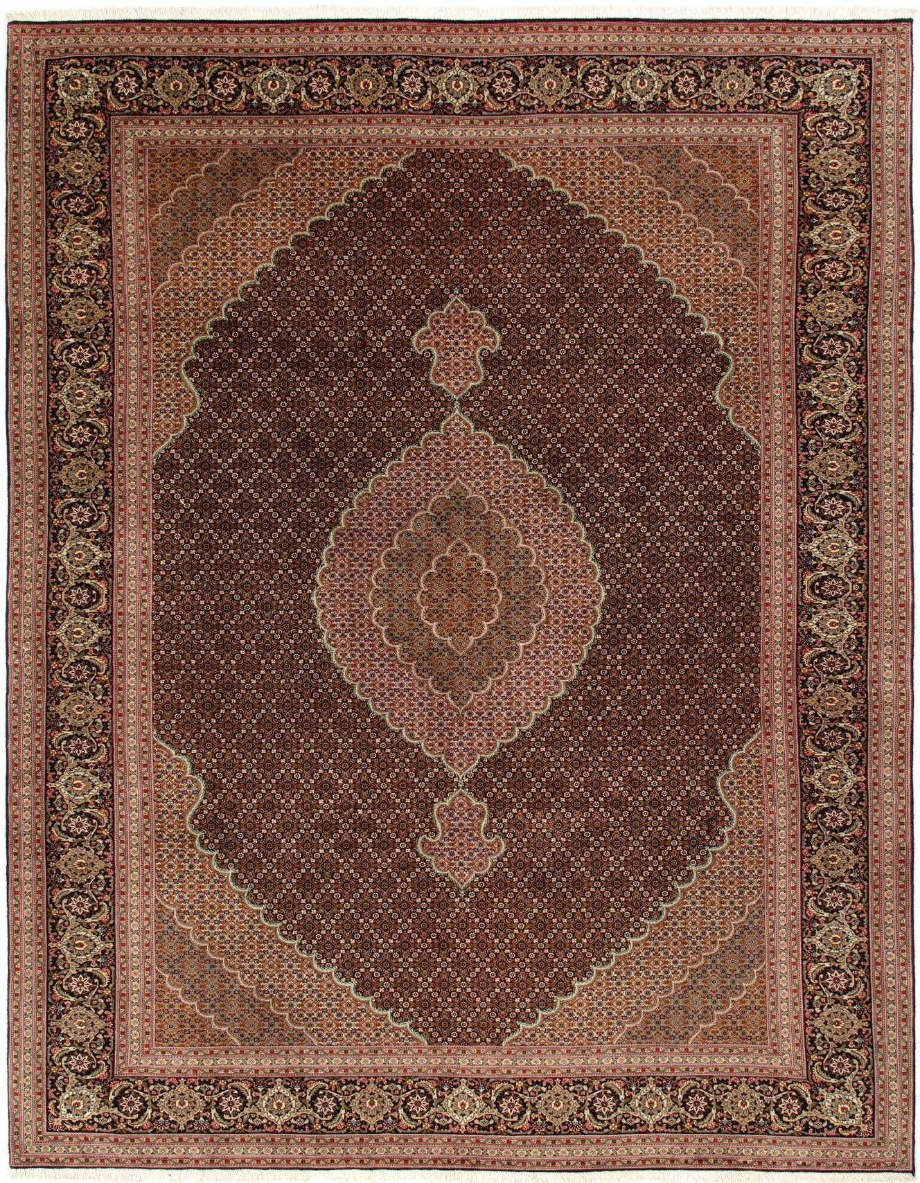 A 7x10 rectangular Tabriz Mahi Persian rug in rich blues with intricate floral and medallion patterns.