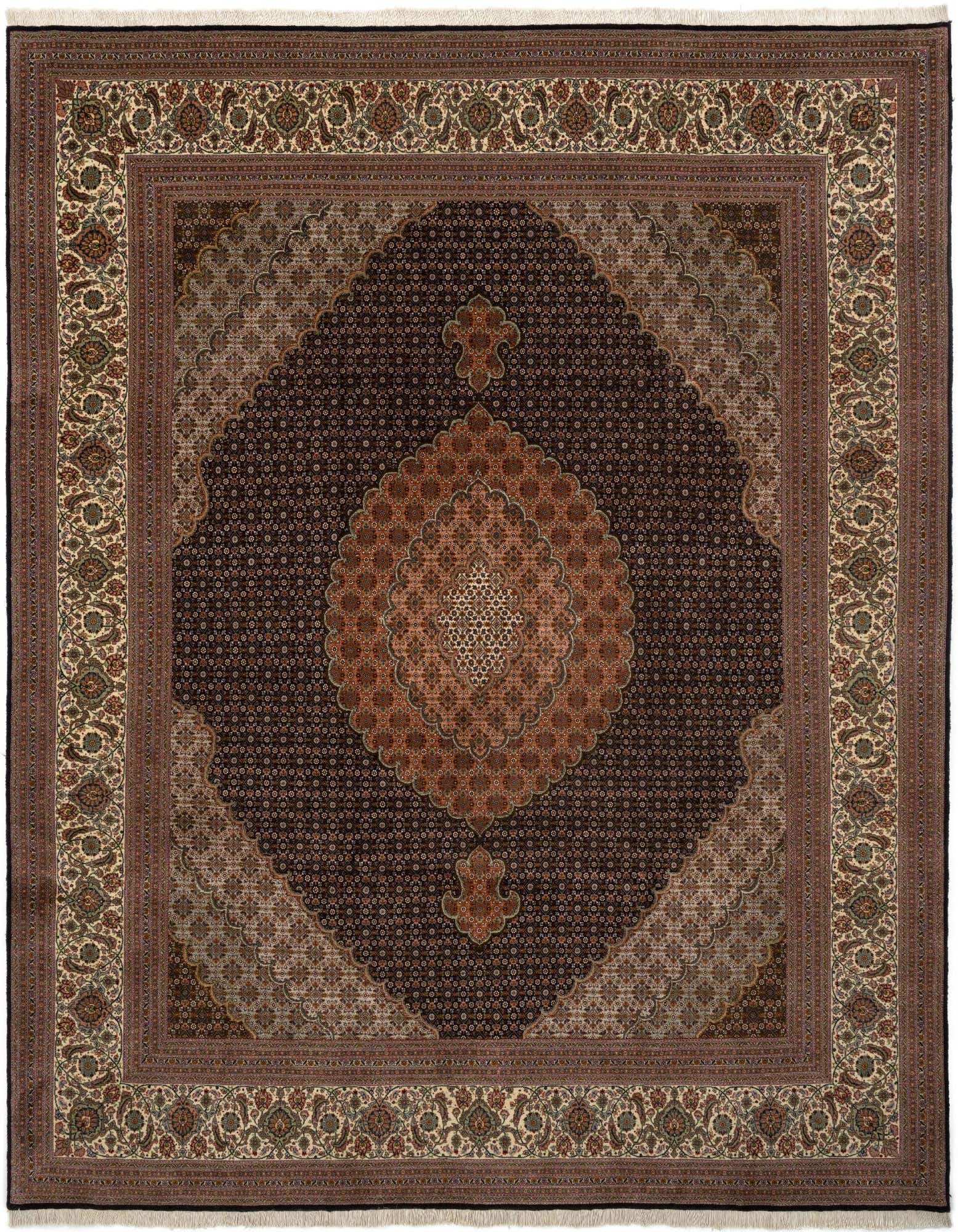 An 8x10 rectangular Persian rug in rich blues and browns, featuring an intricate medallion and floral border.