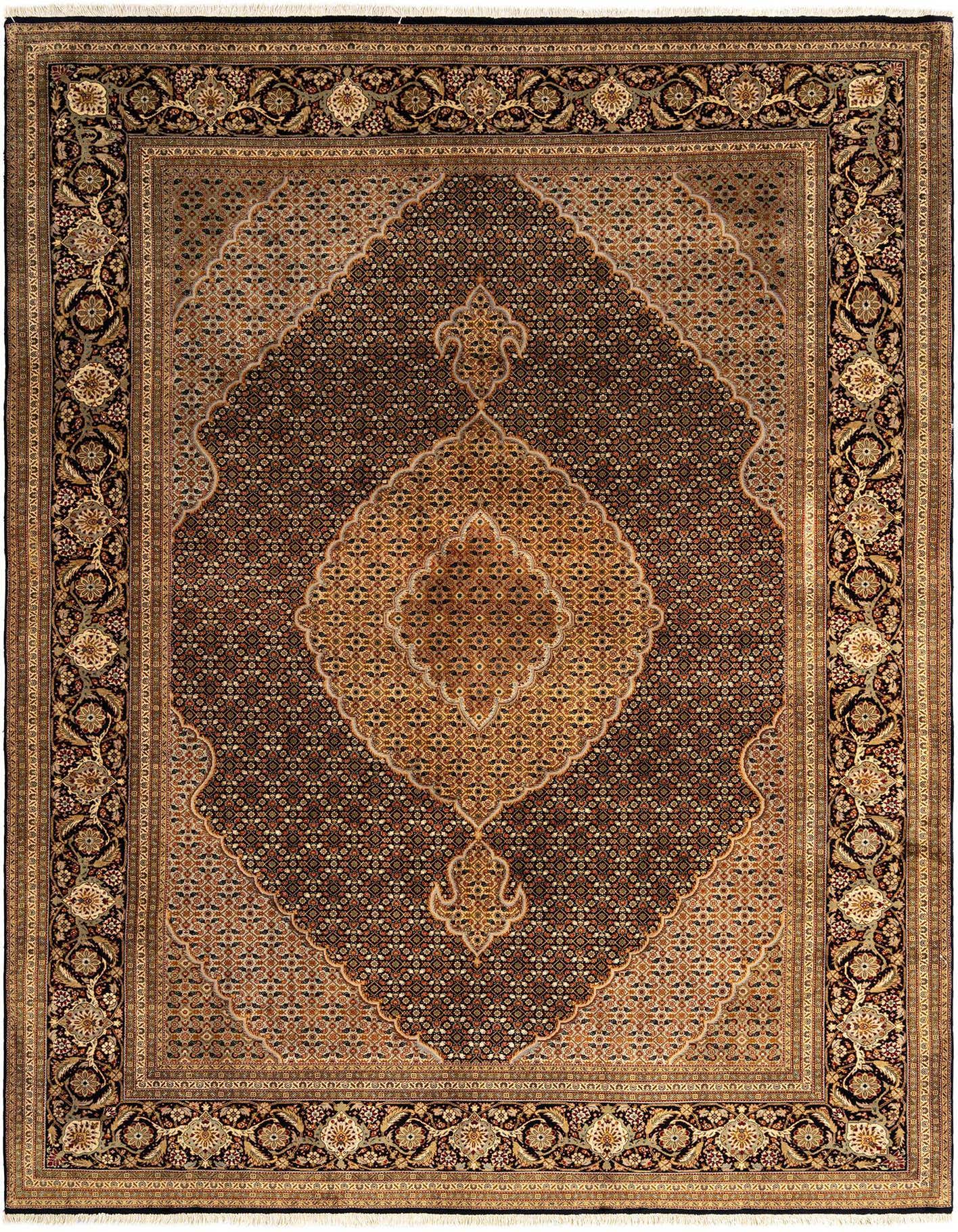 An 8x11 rectangular Persian Tabriz Mahi rug in rich blues with intricate floral and medallion patterns.