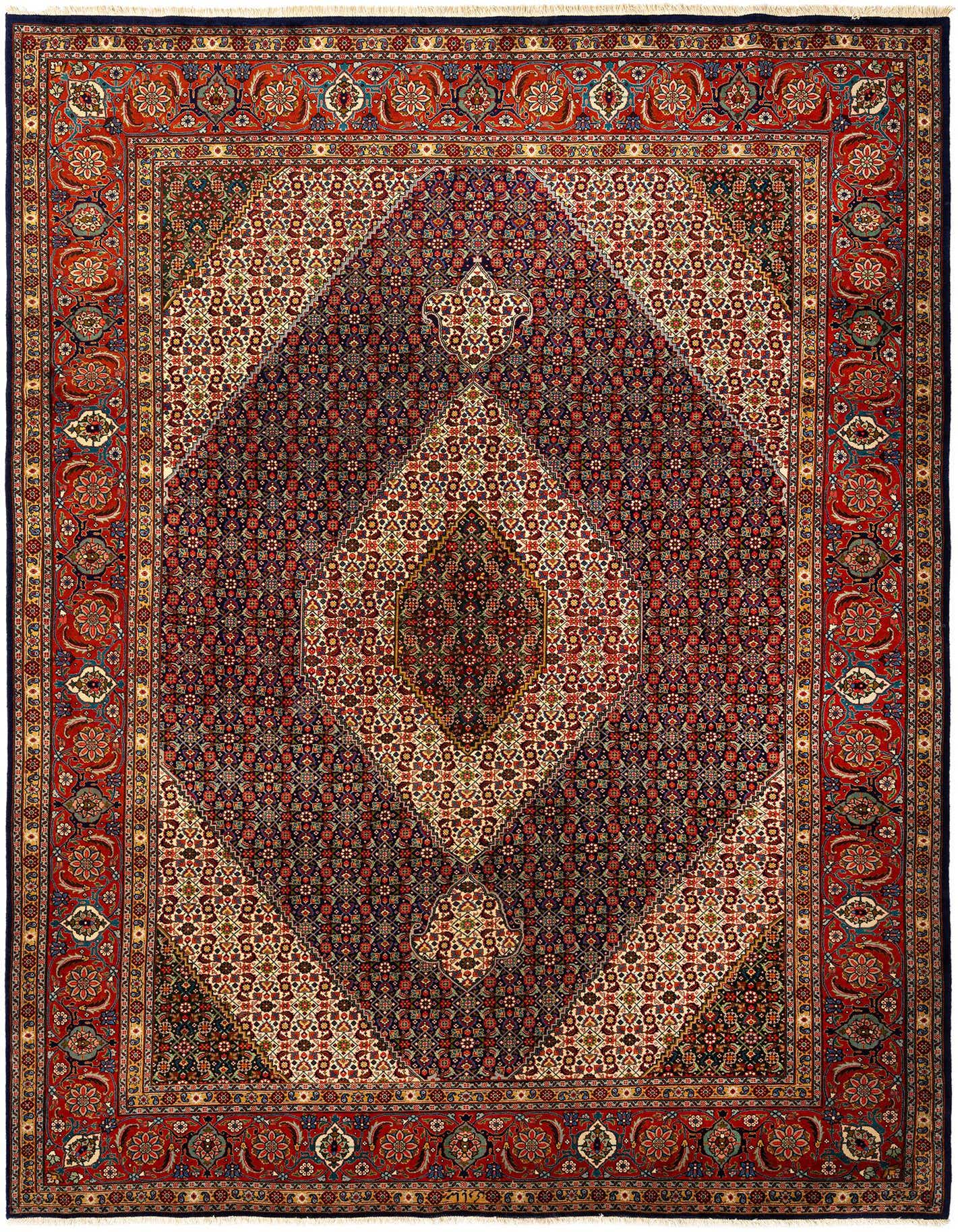 An 8x11 rectangular Persian Tabriz Mahi rug featuring a central blue medallion and intricate floral patterns in red, cream, and gold.