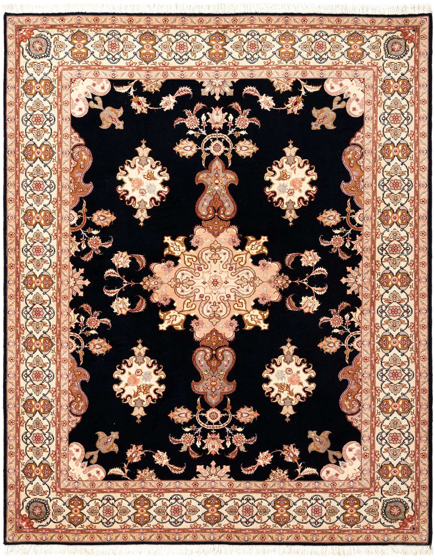 A 4x6 rectangular Persian rug with a deep blue field and intricate floral motifs in cream, gold, and light pink, with a detailed border.