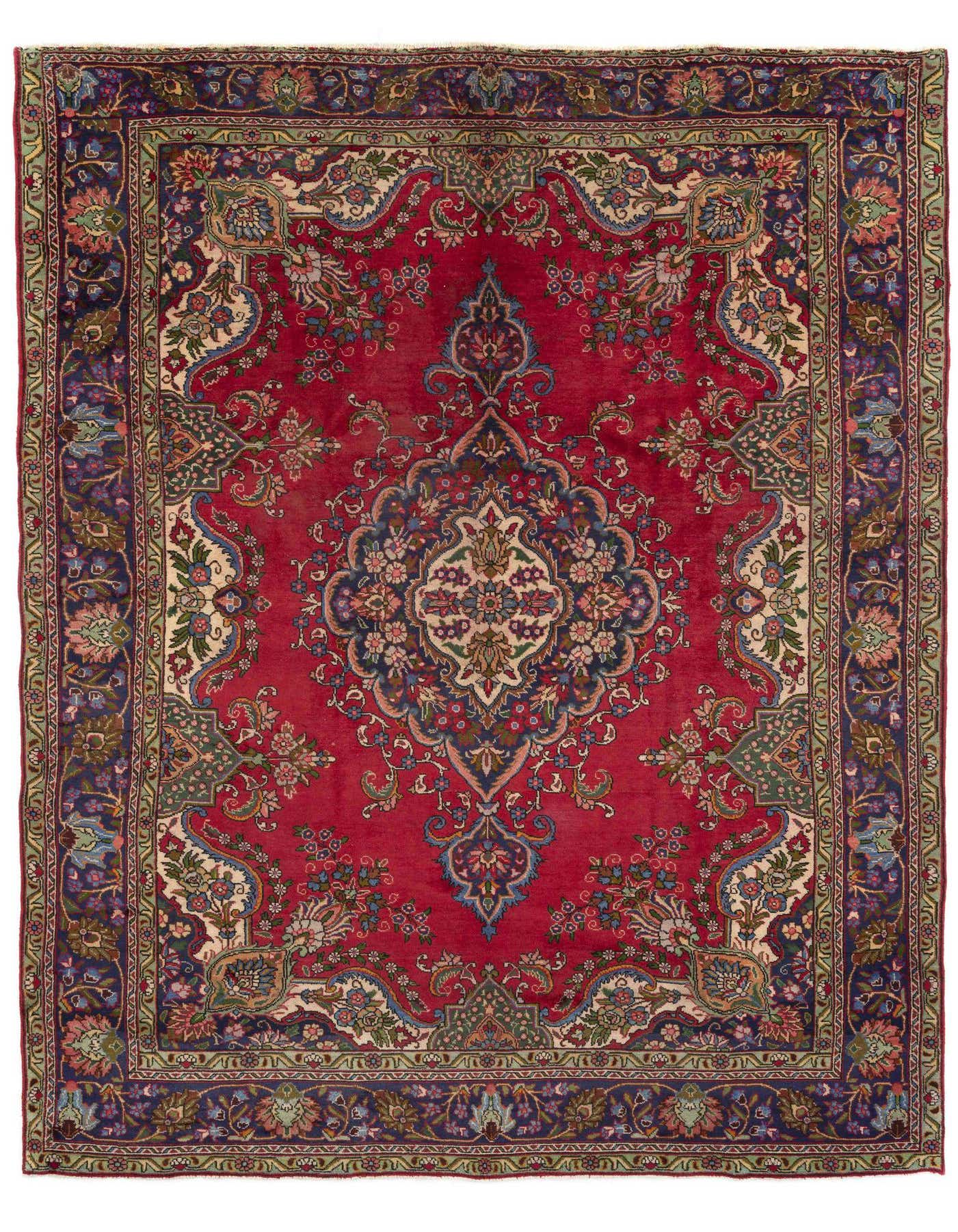 A 10x14 rectangular Persian Tabriz rug with a vibrant red field, intricate blue, green, and cream floral motifs, and a detailed border.