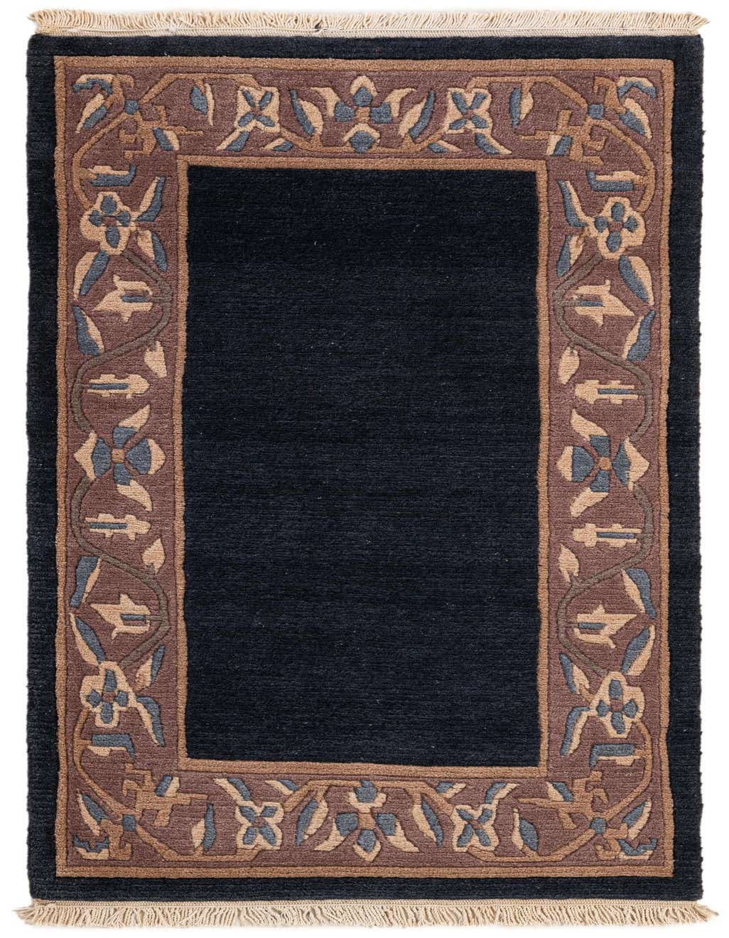 A 3x5 rectangular blue wool rug with a brown and tan oriental border pattern and fringe.