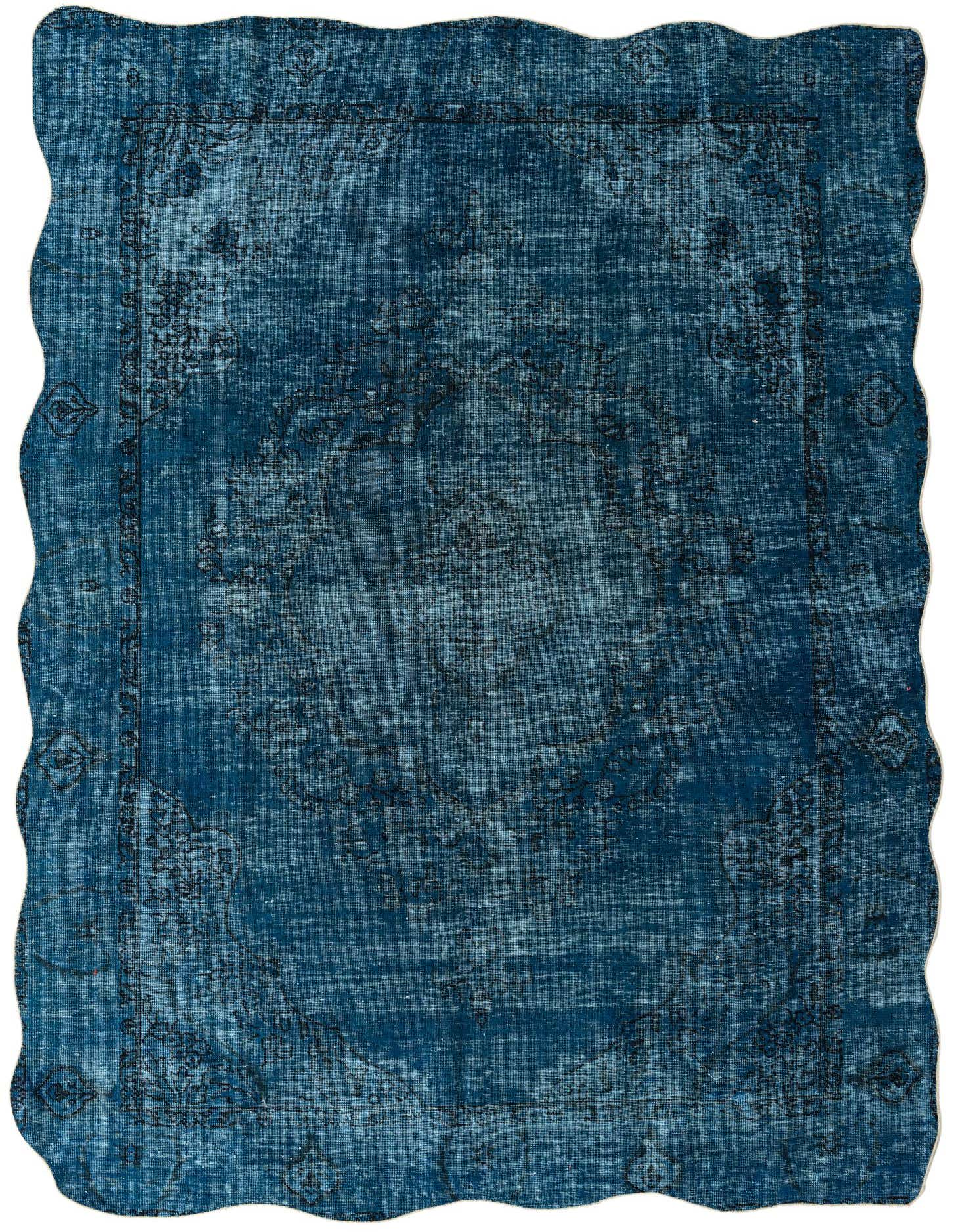 An 8x11 rectangular blue Persian rug with a faded vintage medallion pattern, handmade from wool.