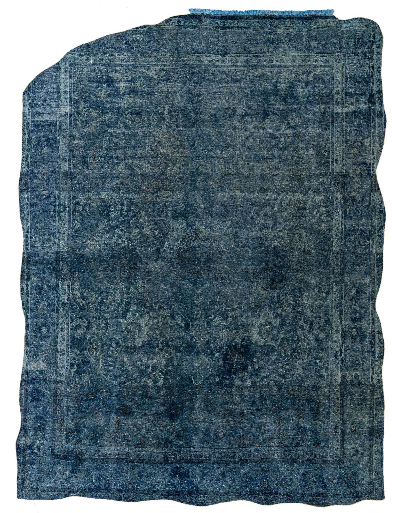A large 10x13 rectangular blue wool rug with a distressed Persian medallion pattern and a border, suitable for a living room.