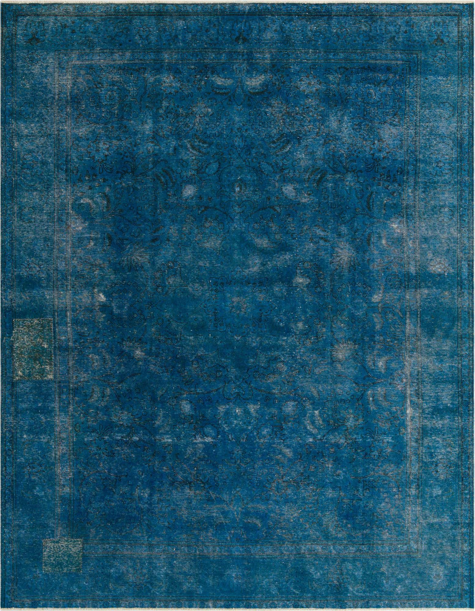 A 10x13 rectangular blue Persian-style wool rug with a distressed vintage look and subtle medallion pattern.