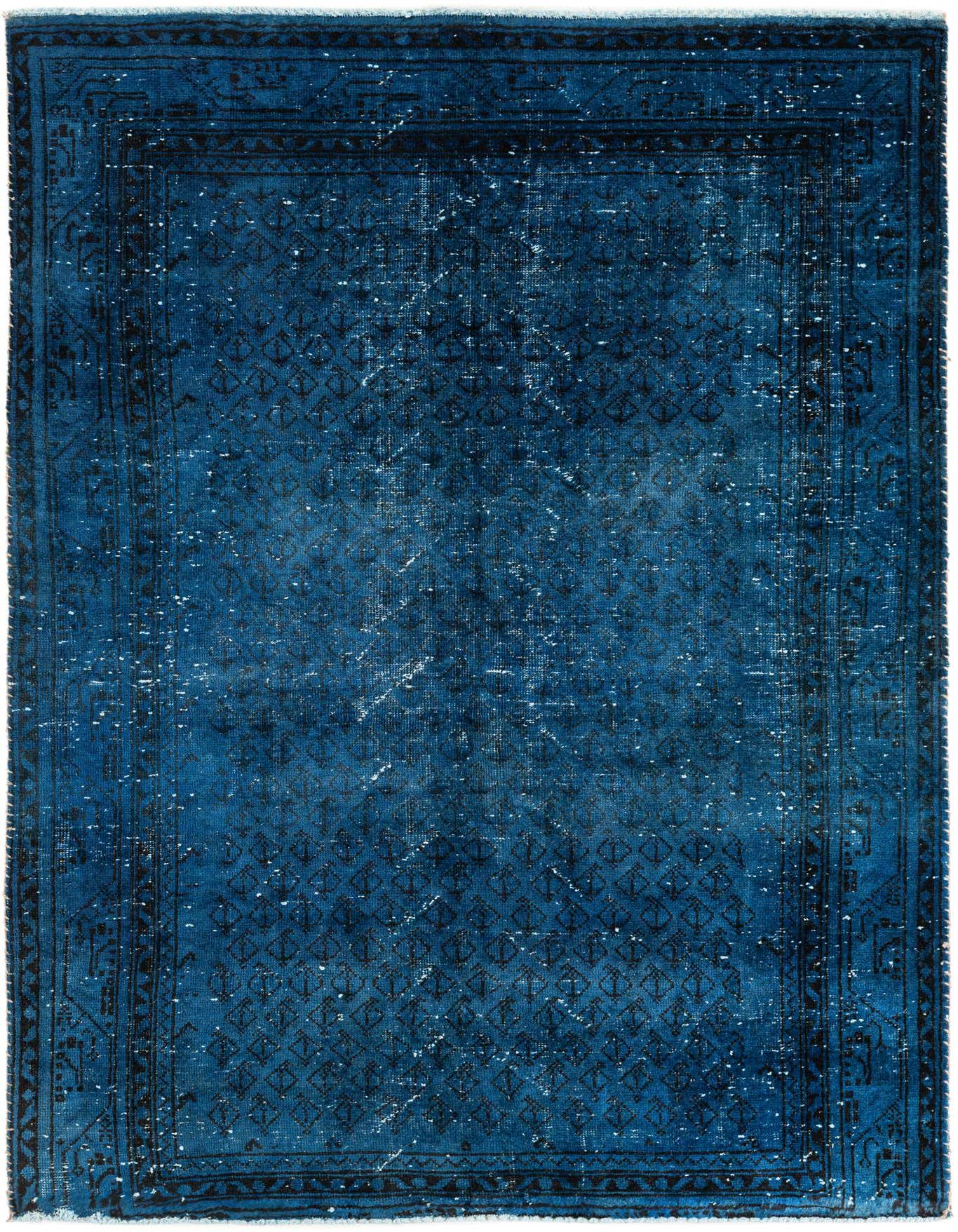 A rectangular 4x6 blue Persian-style wool rug with a distressed vintage look and subtle medallion pattern.