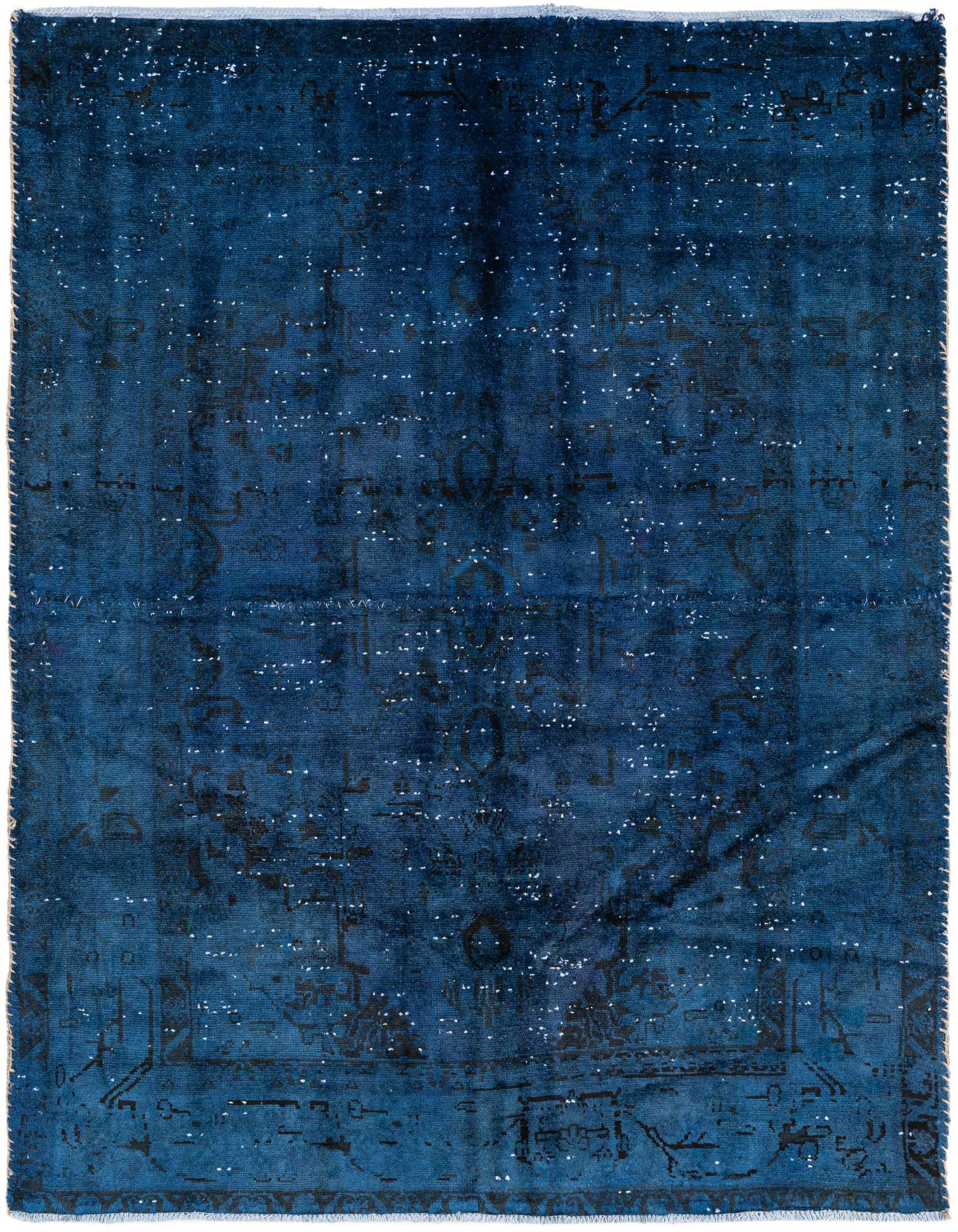 A 4x6 rectangular blue Persian rug with a faded vintage medallion pattern and white distressing, suitable for a living room.