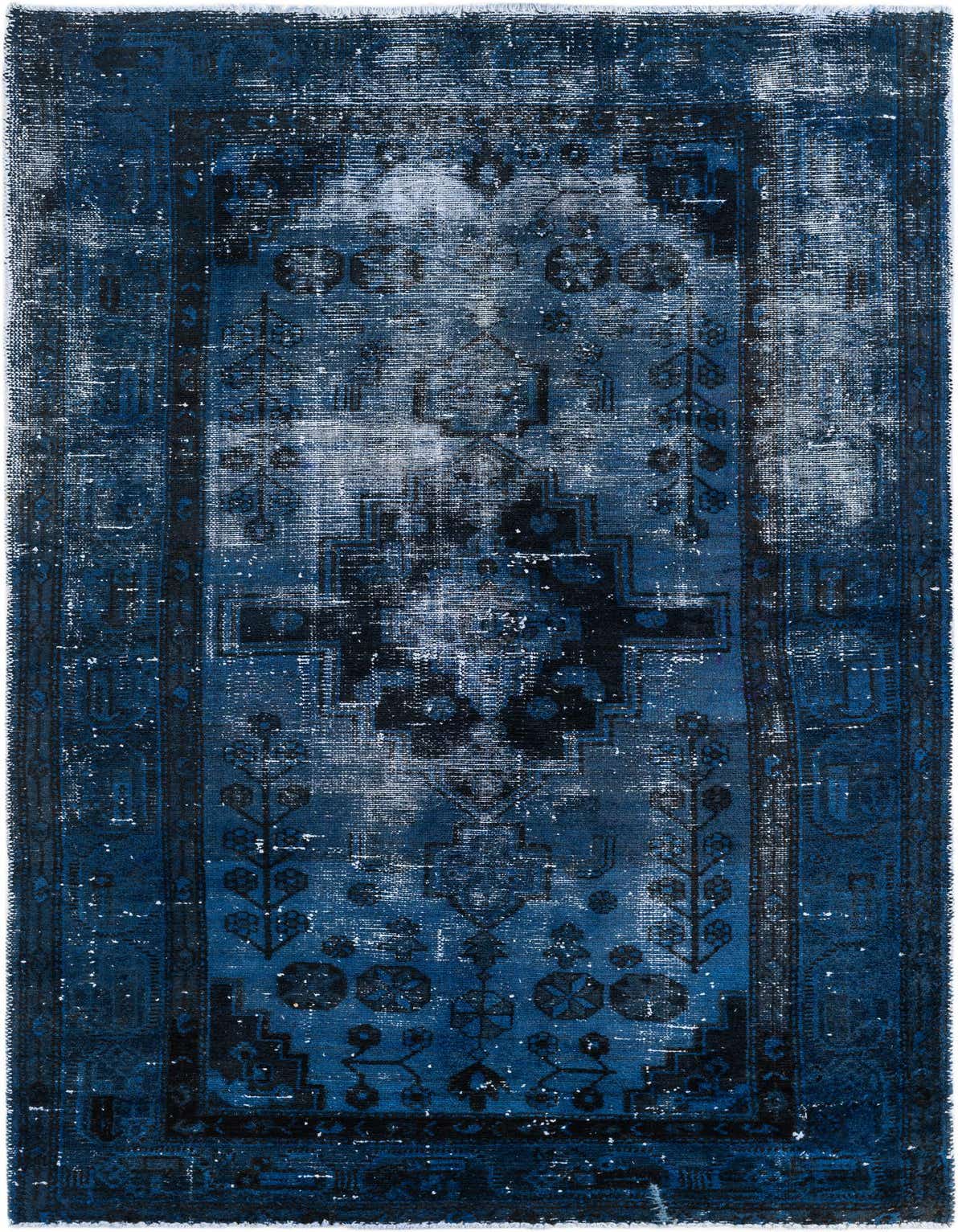 A 5x8 rectangular Ultra Vintage wool rug in varying shades of blue with a distressed Persian medallion pattern.