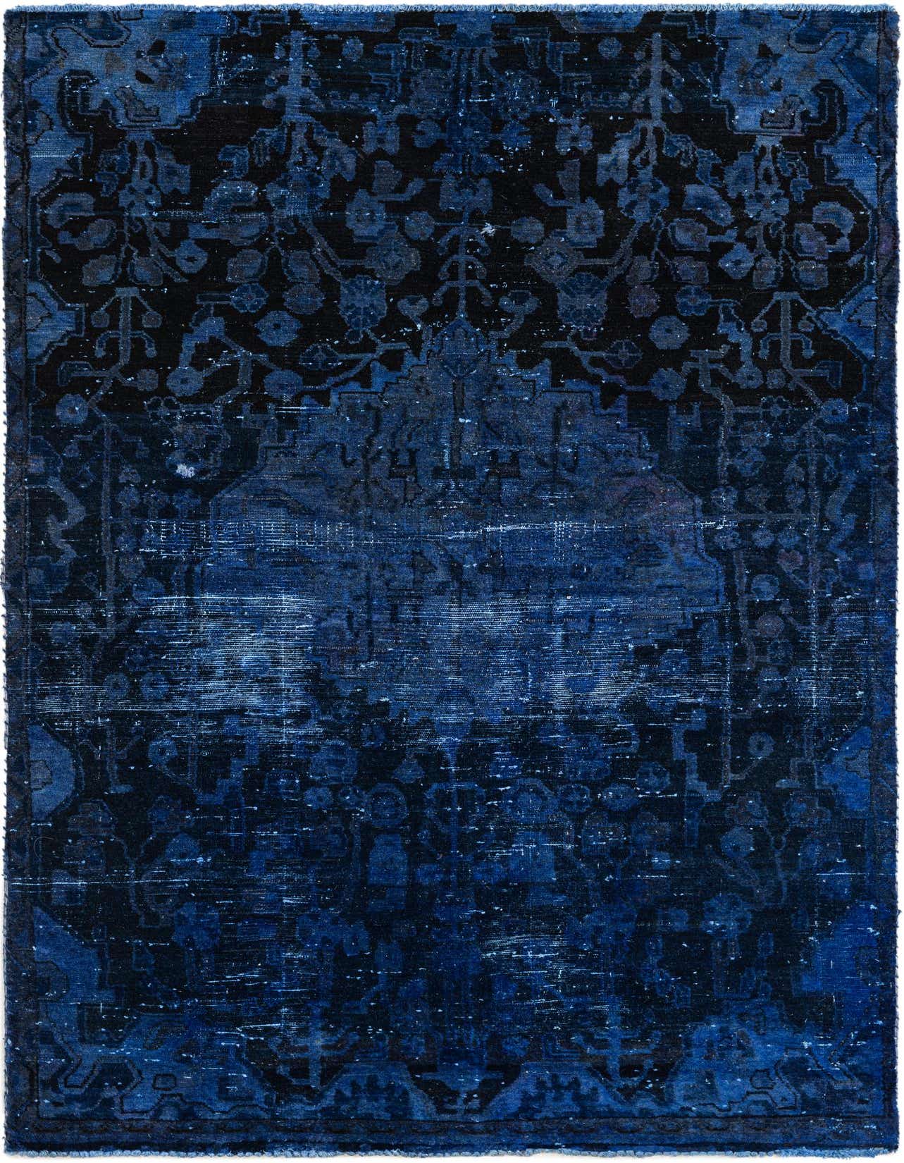 A 4x6 rectangular blue Persian rug with a faded vintage medallion pattern, handmade from wool.