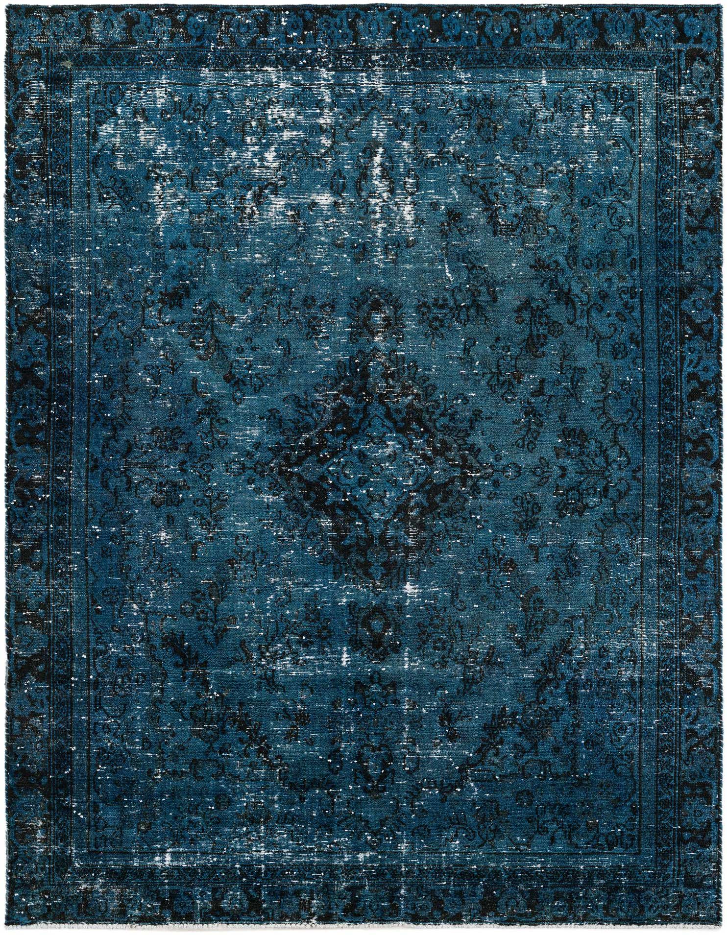 A 6x9 rectangular blue Persian-style rug with a distressed medallion pattern and dark border, suitable for a living room.