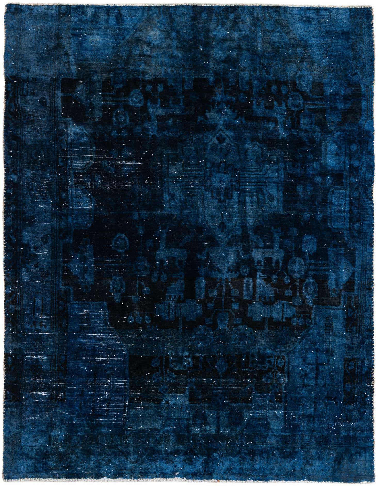 A 5x8 rectangular blue Persian-style wool rug with a distressed vintage medallion pattern, suitable for a living room.