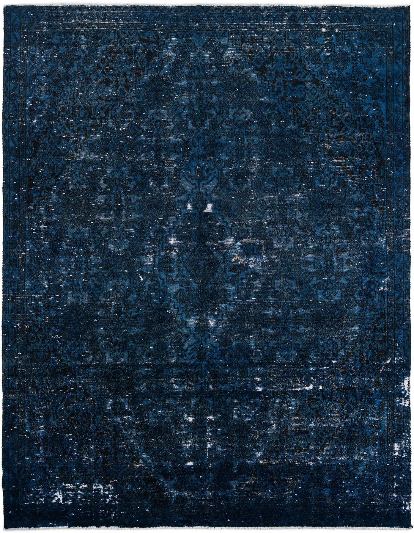 A 7x10 rectangular blue Persian-style wool rug with a distressed vintage medallion pattern, suitable for a living room.