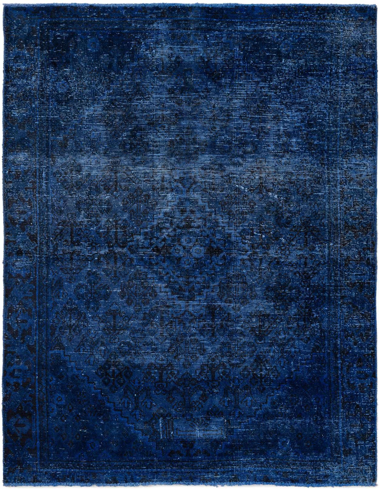 A 4x6 rectangular blue Persian-style rug with a distressed vintage look and subtle medallion pattern, perfect for a living room.