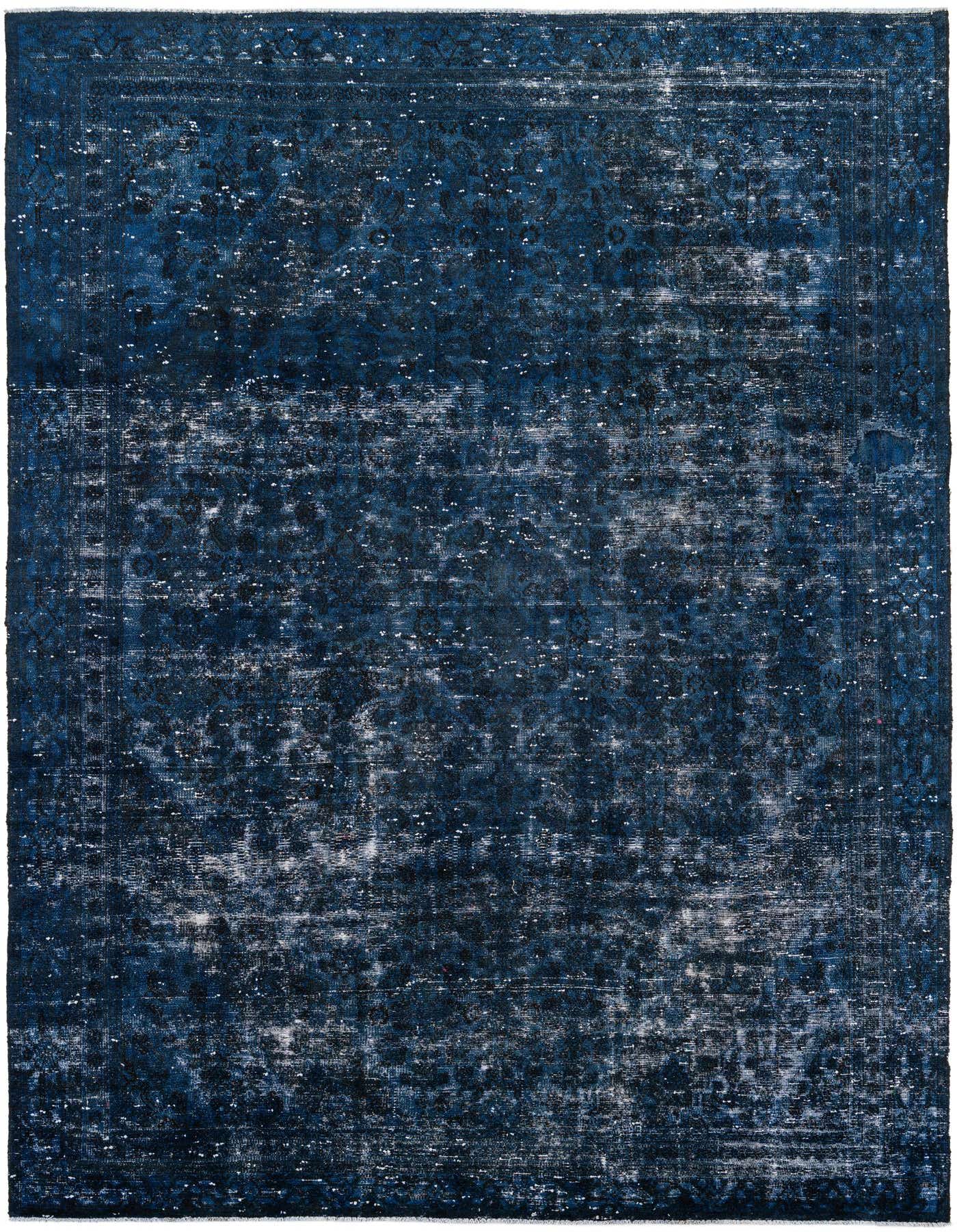 An 8x11 rectangular blue Persian-style wool rug with a distressed vintage medallion pattern, ideal for a living room.