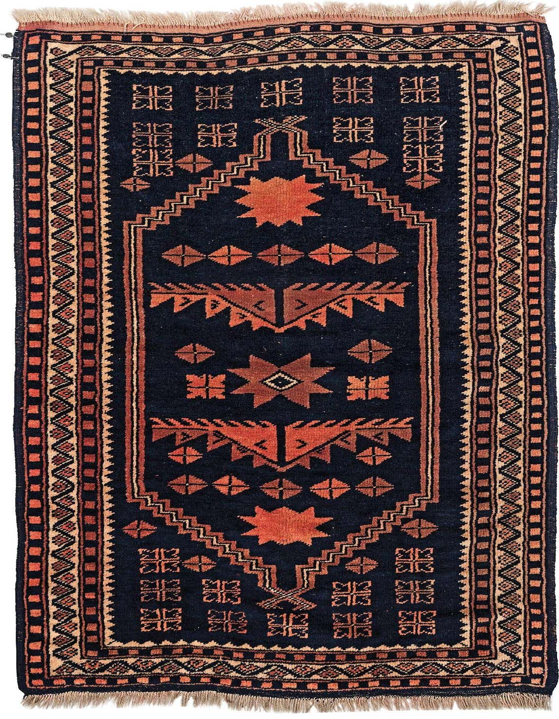 A 2x3 rectangular Yagcibedir wool rug featuring a dark blue field with traditional geometric patterns in terracotta and beige, suitable for an entryway.