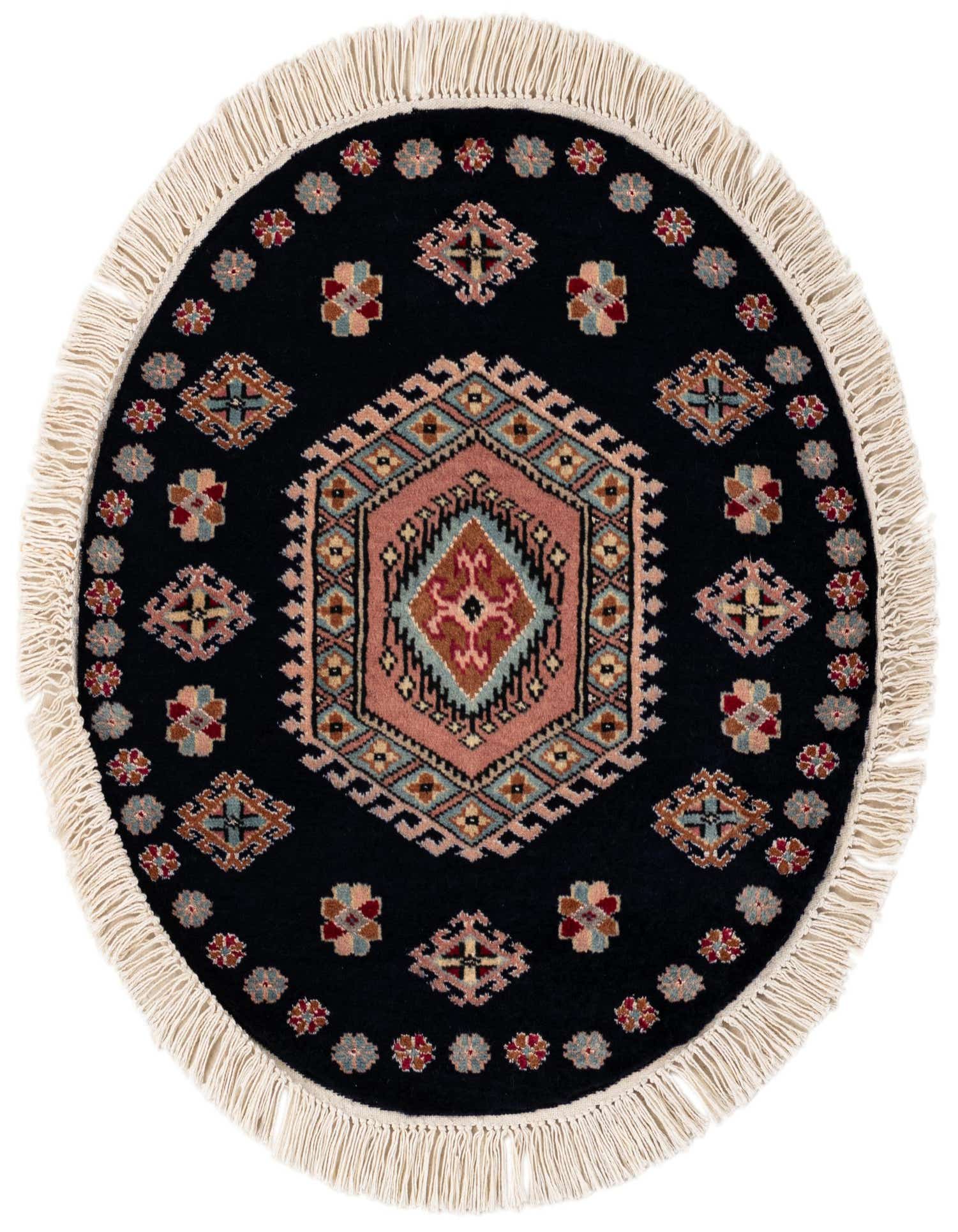 A 2' 1 x 2' 2 round Bokhara rug with a central medallion in blues, reds, and creams, surrounded by tribal patterns on a dark blue background, finished with cream fringe.