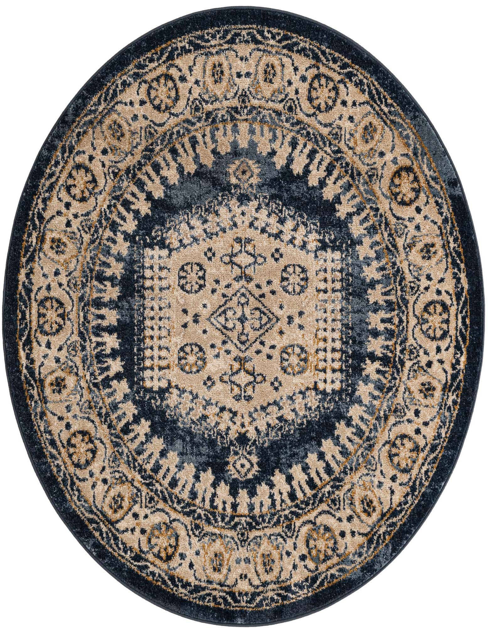 A 4' round blue and beige Bohemian medallion rug with a distressed traditional pattern, ideal for an indoor living space.