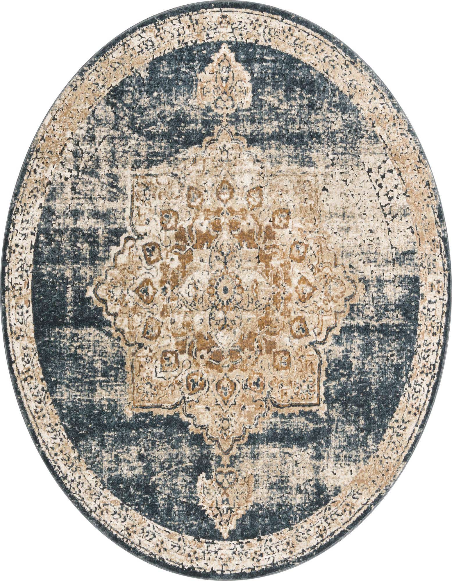 A 5' 3 x 5' 3 round blue and beige traditional medallion rug with a distressed vintage look.