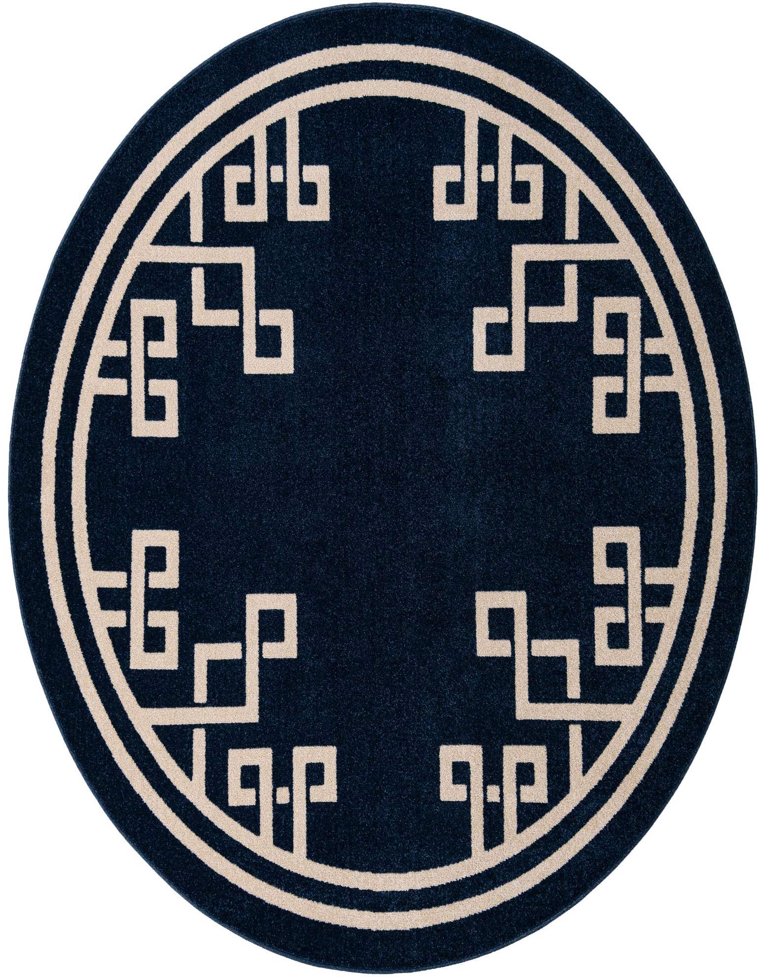 A 7' 10 round blue rug with a cream-colored Mediterranean geometric pattern and border, suitable for indoor spaces.