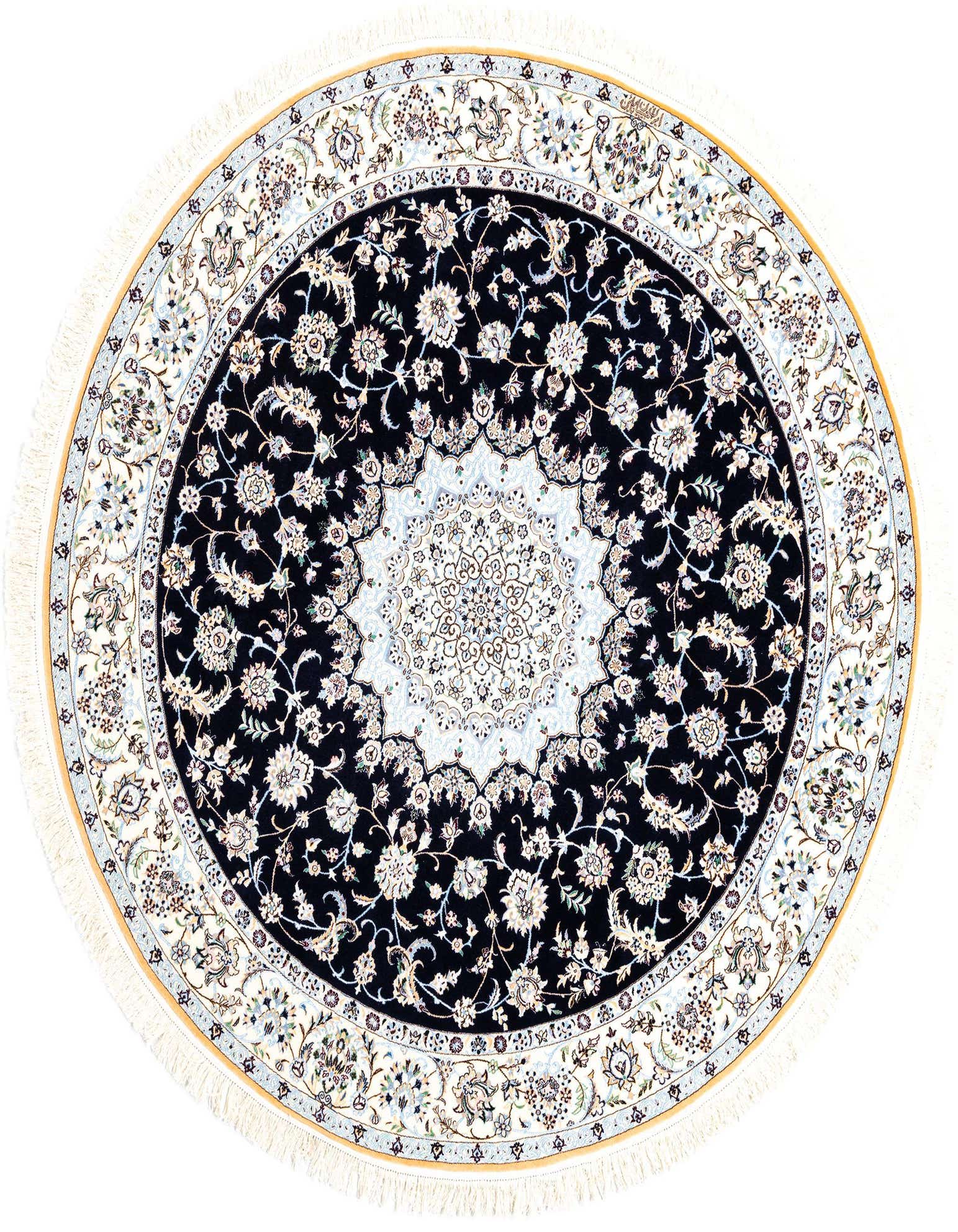 A round 6' 8 x 6' 8 Persian rug with a dark blue field, intricate floral patterns, and a light blue and white medallion, featuring a white border with blue accents and fringe.