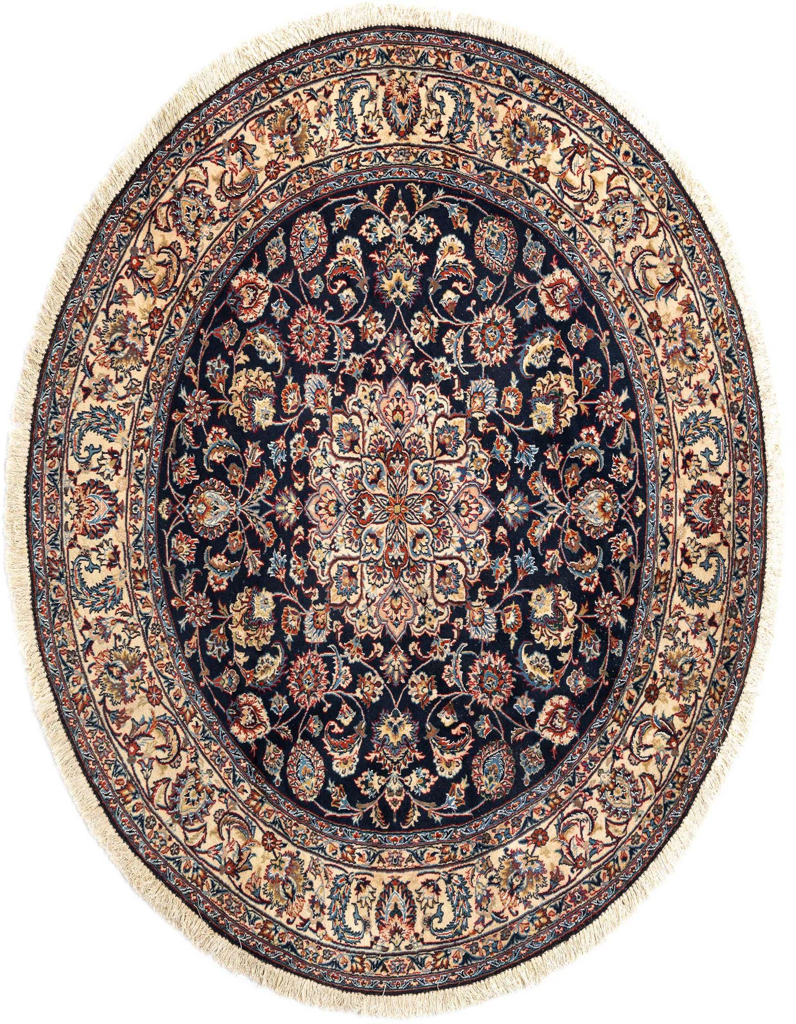 A round 6' 4 x 6' 4 Persian rug featuring an intricate floral medallion pattern in deep blues, creams, and reds, with delicate fringe.