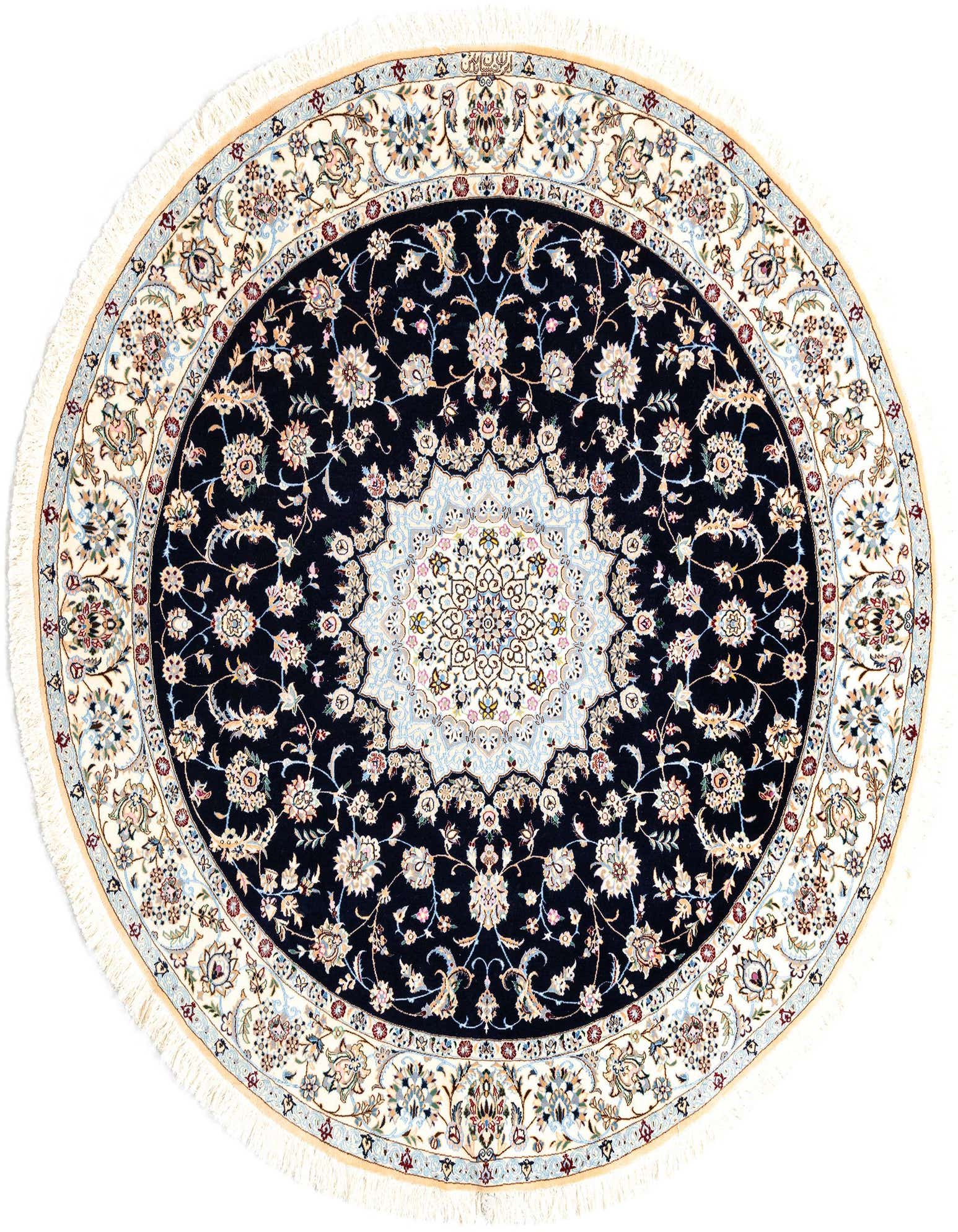 A round 6'8" blue Persian rug with an intricate floral medallion pattern in light blue, cream, and pink, featuring a thin pile and fringe.
