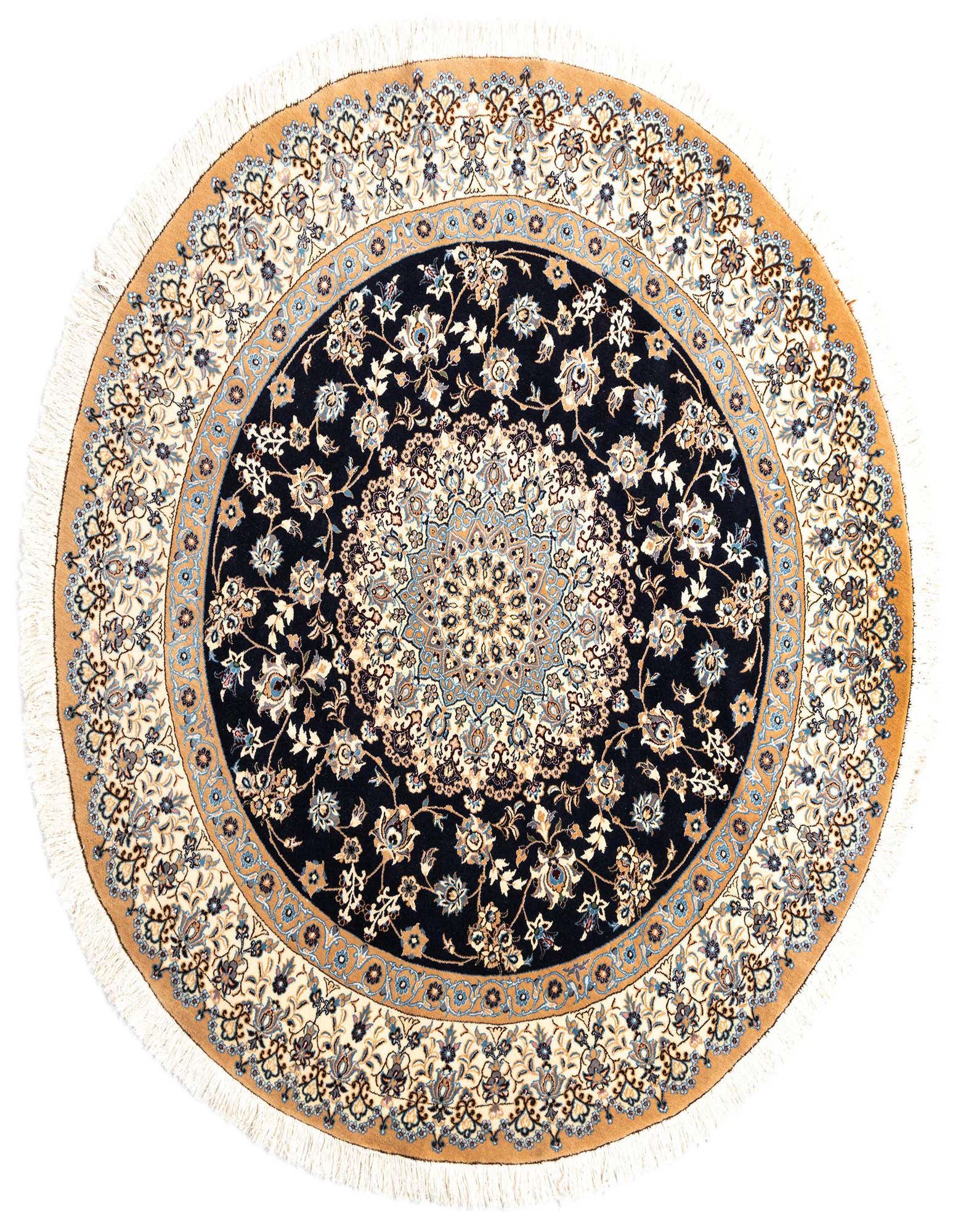 A round 6' 8 x 6' 8 Persian rug with a dark blue center medallion and floral patterns, bordered by a light cream and gold design, featuring white fringe.