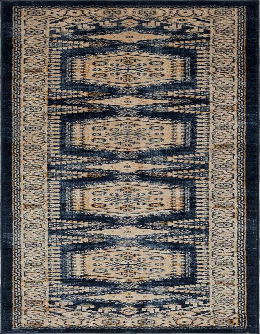 A 10 ft runner rug in shades of blue and beige with a distressed traditional tribal medallion pattern, ideal for a hallway.