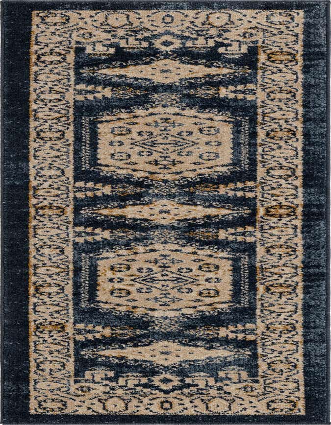 A 6 ft runner rug with a distressed Bohemian and Traditional pattern in shades of blue and beige, ideal for a hallway or kitchen.