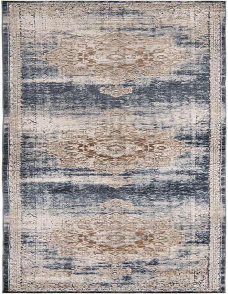 A 12 ft runner rug from the Eliza collection, featuring a distressed blue and beige medallion pattern, perfect for a hallway.