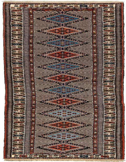A long, narrow 11 ft runner rug with a traditional Gutchan pattern featuring alternating blue and rust diamond medallions and intricate borders.