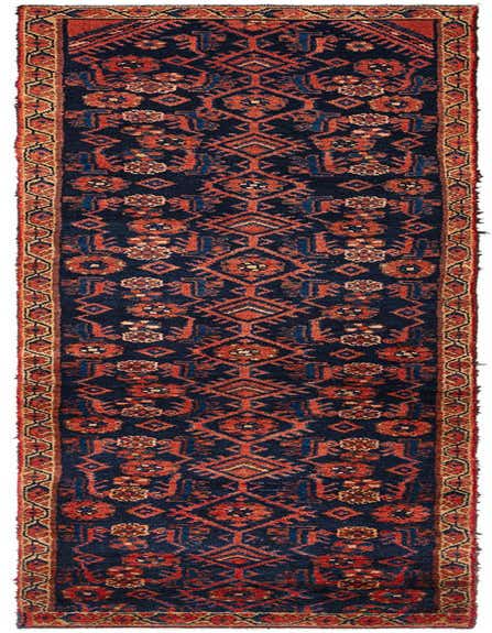 A 10 ft Hamedan wool runner rug featuring a tribal Persian pattern in deep blues and reds with a detailed border.