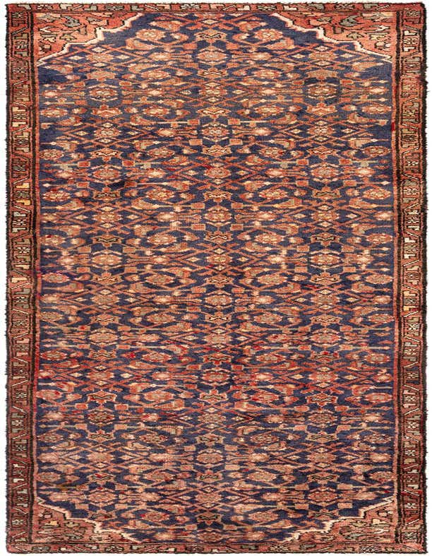 A 9 ft Hamedan runner rug featuring a traditional Persian tribal pattern in deep blues and earthy reds, ideal for a hallway.