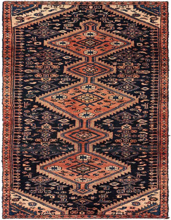 A 9 ft Hamedan runner rug in blue and terracotta with a tribal Persian pattern, ideal for hallways.